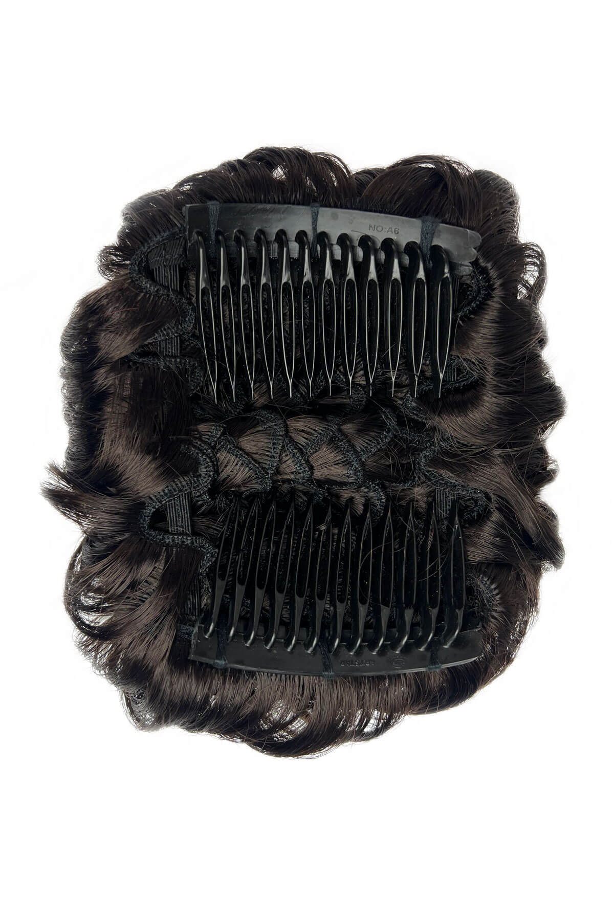 Black hair extension with a comb on a white background. Hair poodle clip-in hairpiece bun vintage style 1950s: Lucille dark brown 4