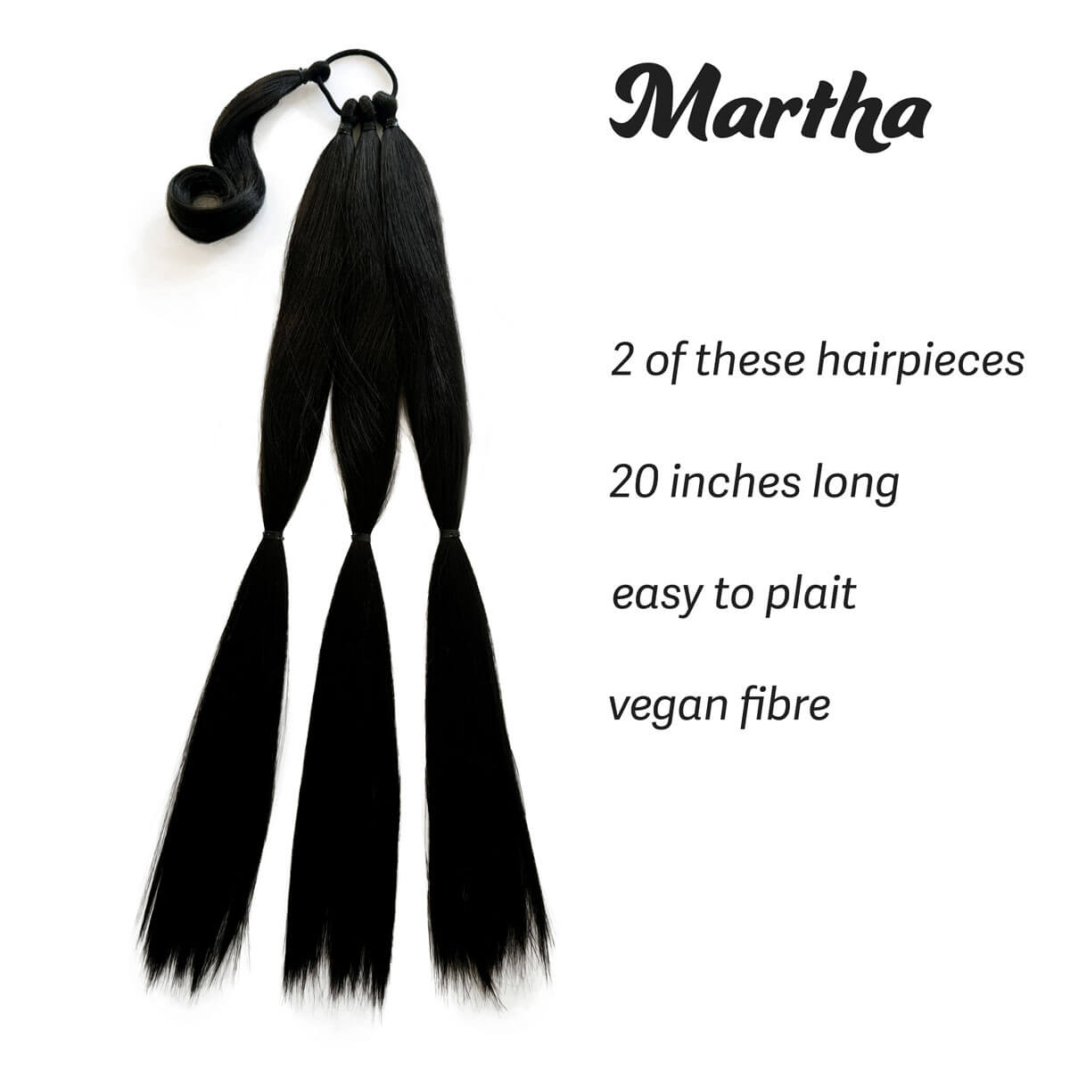 Black hair extensions with a bun holder on a white background, branded 'Martha'. Long double plaited ponytail hairpiece: Martha black 1B