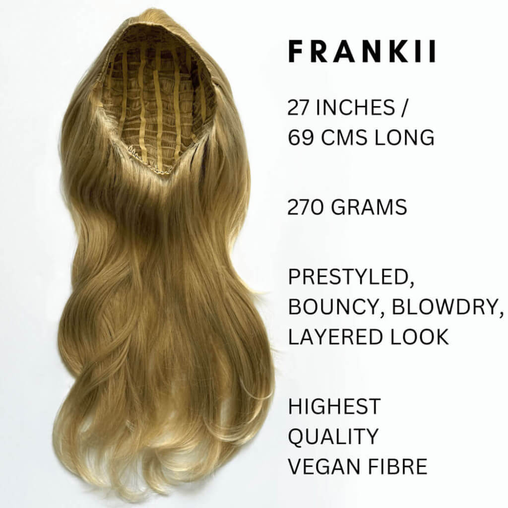 Blonde hair extension with product details on a white background. Blonde ponytail extension with product details on a white background
