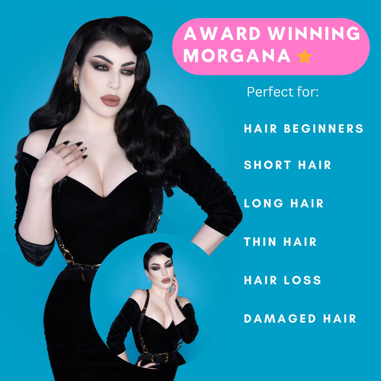 1950s style half wig hairpiece with beautiful waves: Morgana before and after