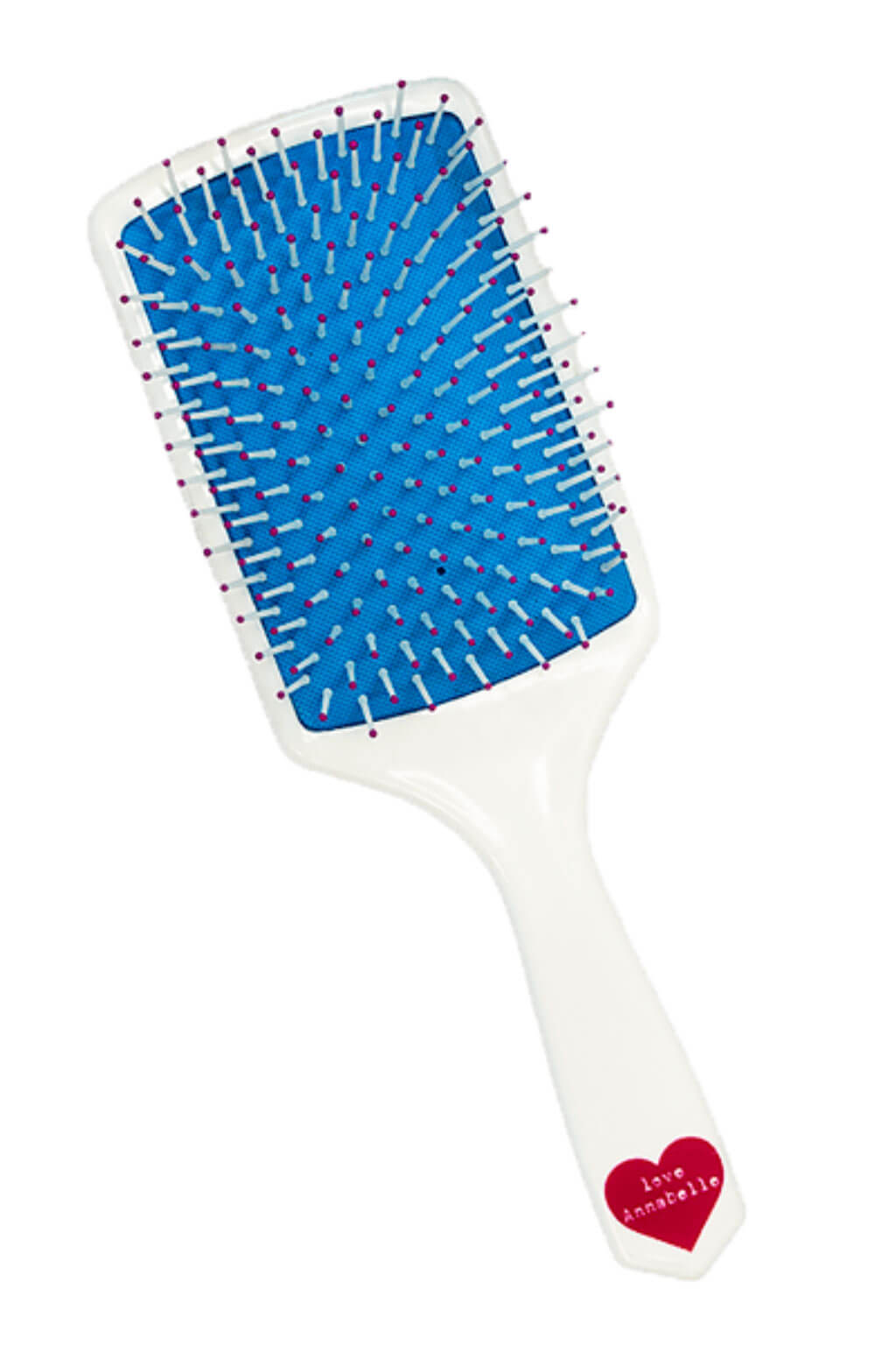 White paddle brush with text on a white background. Brush Brush Tangle' Wide Toothed Professional Hair Brush
