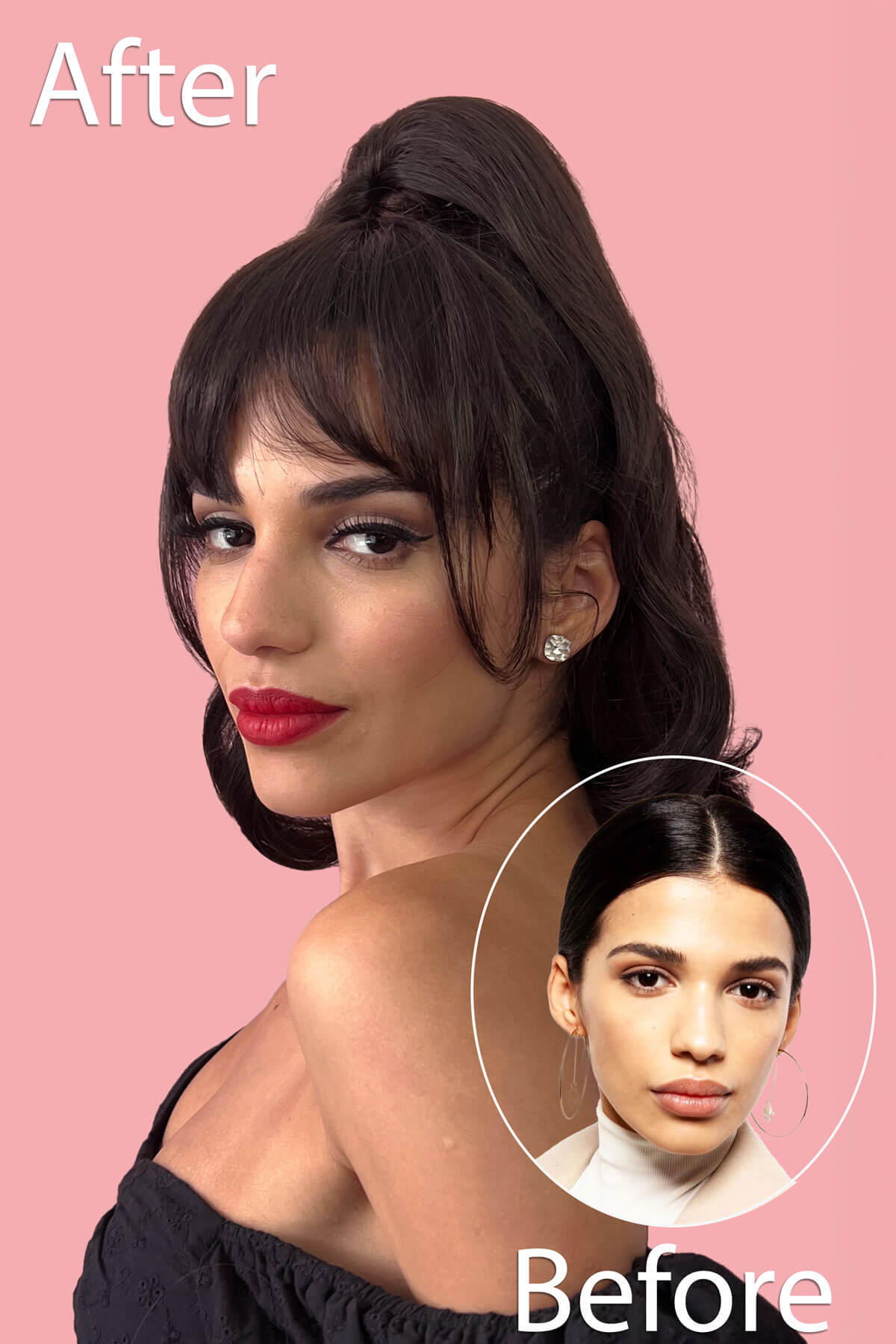 Before and after comparison of a woman with styled hair on a pink background. Clip in fringe hairpiece/clip-in bangs, gently feathered with face framing whisps: Delia dark chocolate brown 6