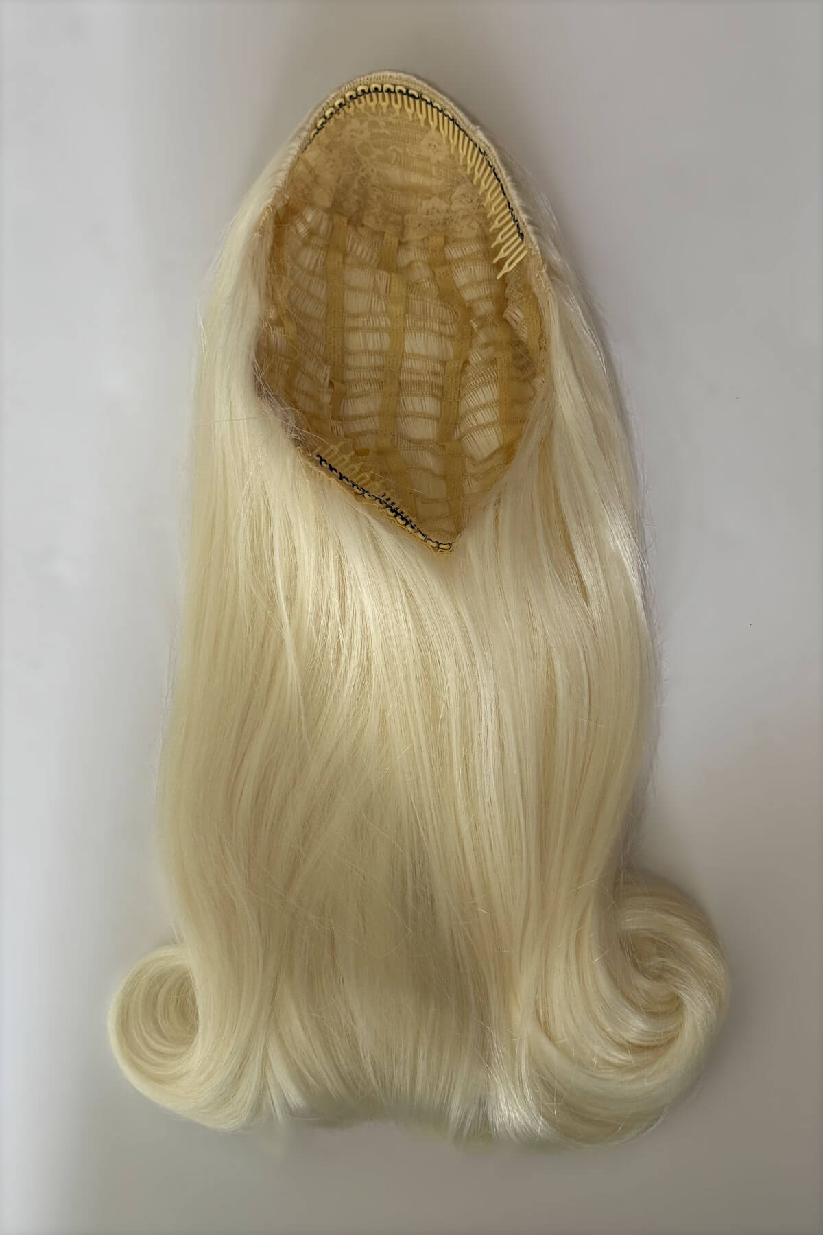 1960s Retro high crown, half wig hairpiece, long with hair flip: Priscilla platinum blonde 1001
