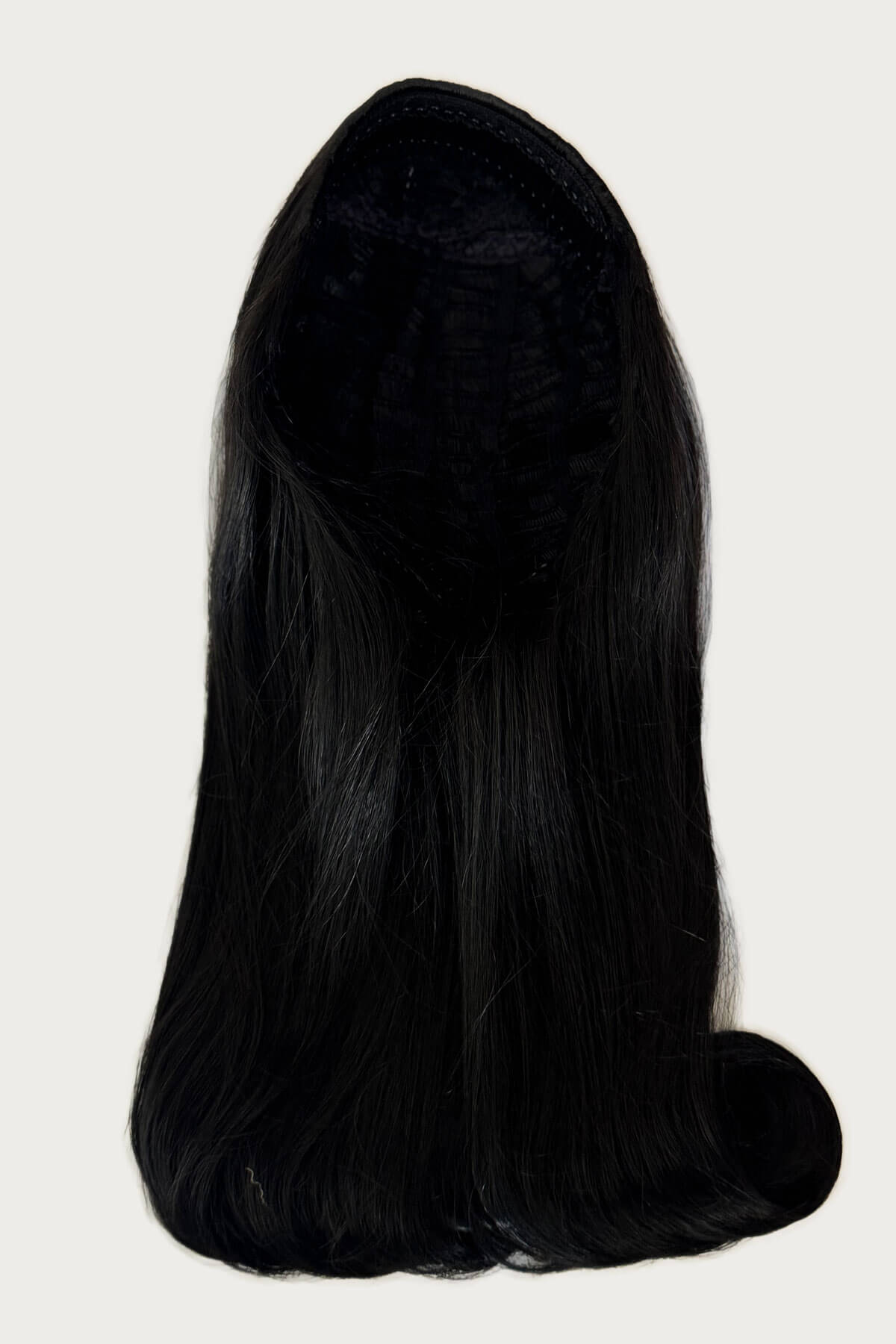 Black wig on a white background. 1960s Retro high crown, half wig hairpiece, long with hair flip: Priscilla black 1b