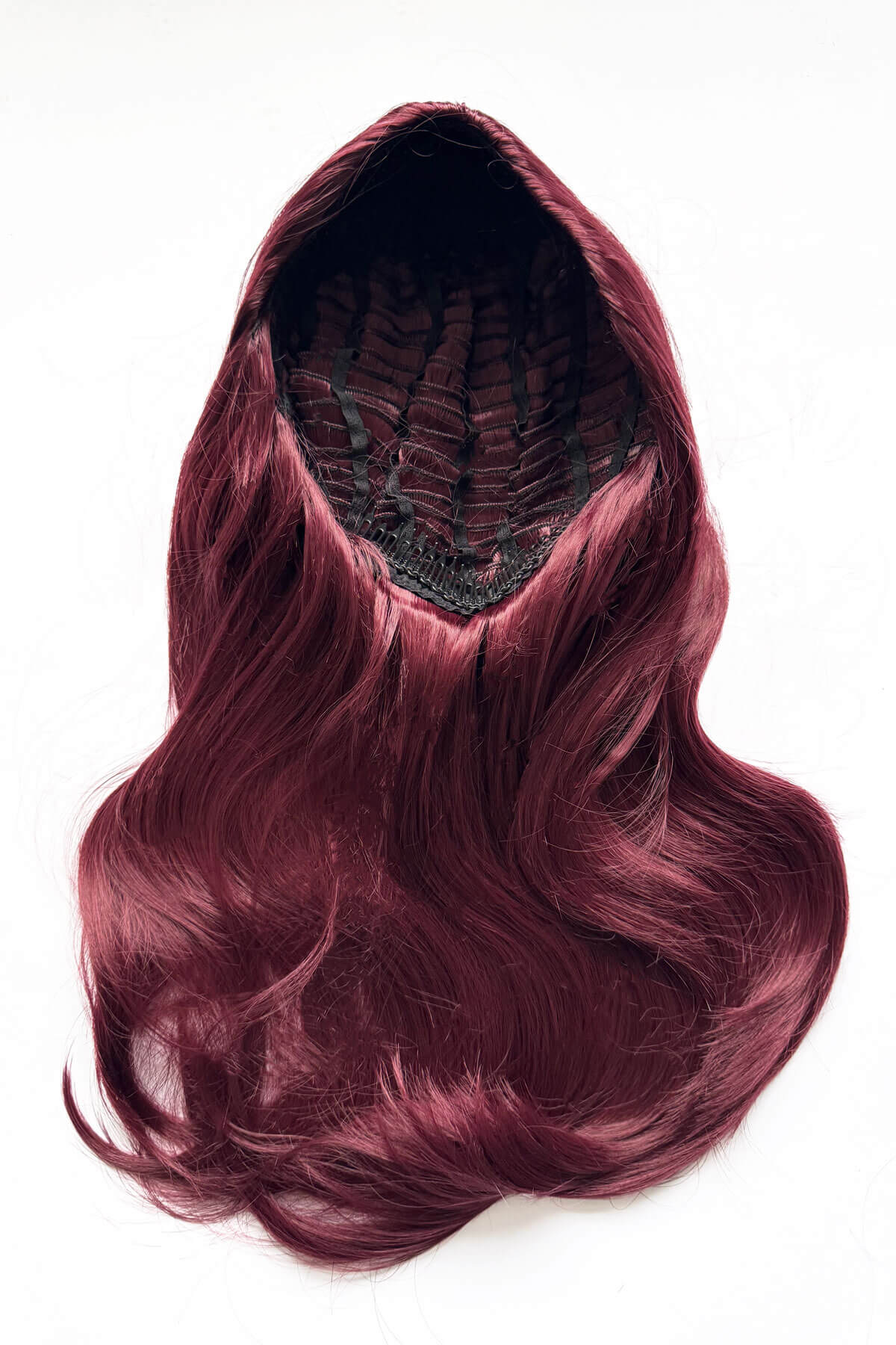 Red wig with a lace front on a white background. Half wig hairpiece, long and wavy, Flexihair (Heat styleable) and volume ring for high crown: Sharon cherry red 39