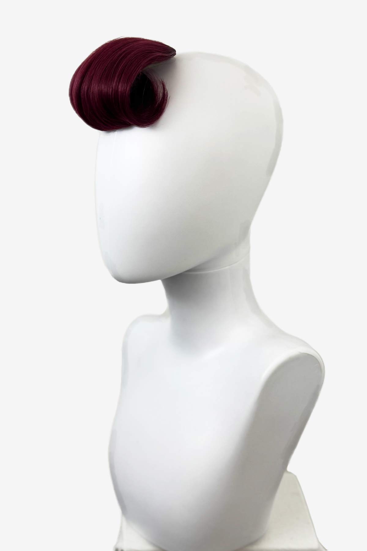 White mannequin head with a purple hairpiece on a white background. Victory roll fringe/bangs hairpiece, 1950s vintage style: Rosa red 39