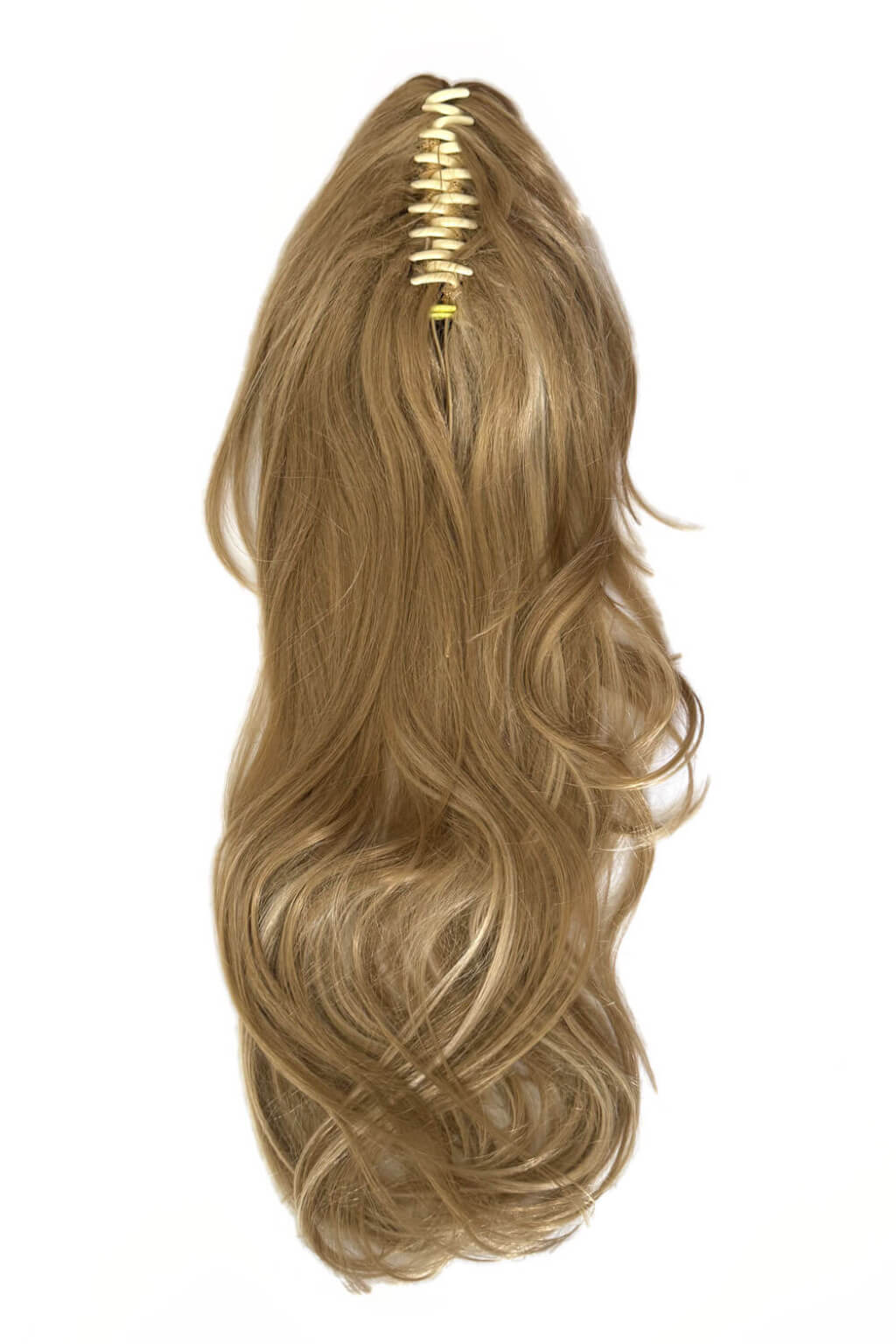 Blonde hair extension with a clip on a white background. Clip-in ponytail hairpiece extension: Olivia blonde 24H613