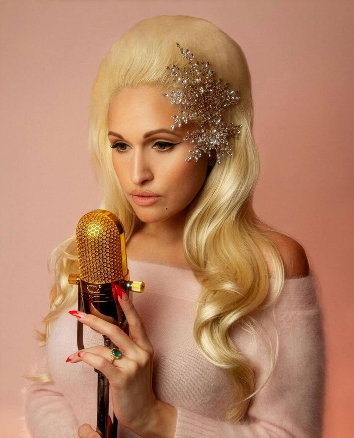 Woman with blonde hair and decorative headpiece holding a microphone against a pink background. High crown long, wavy half wig and volume ring: Bardot blonde 613