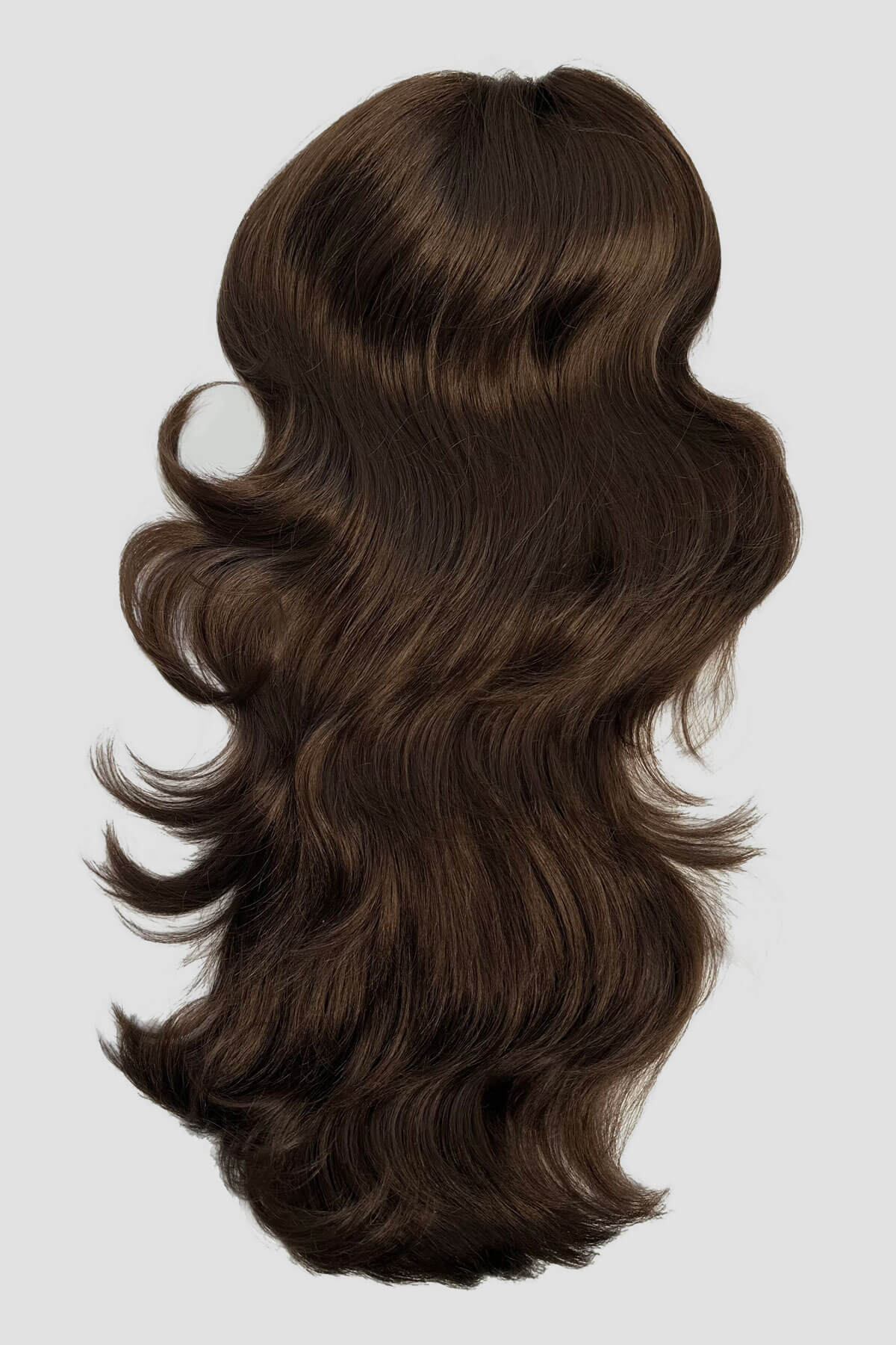 Brown hair extension with a clip on a light gray background. Double volume hairpiece extension: Naomi chestnut brown 8