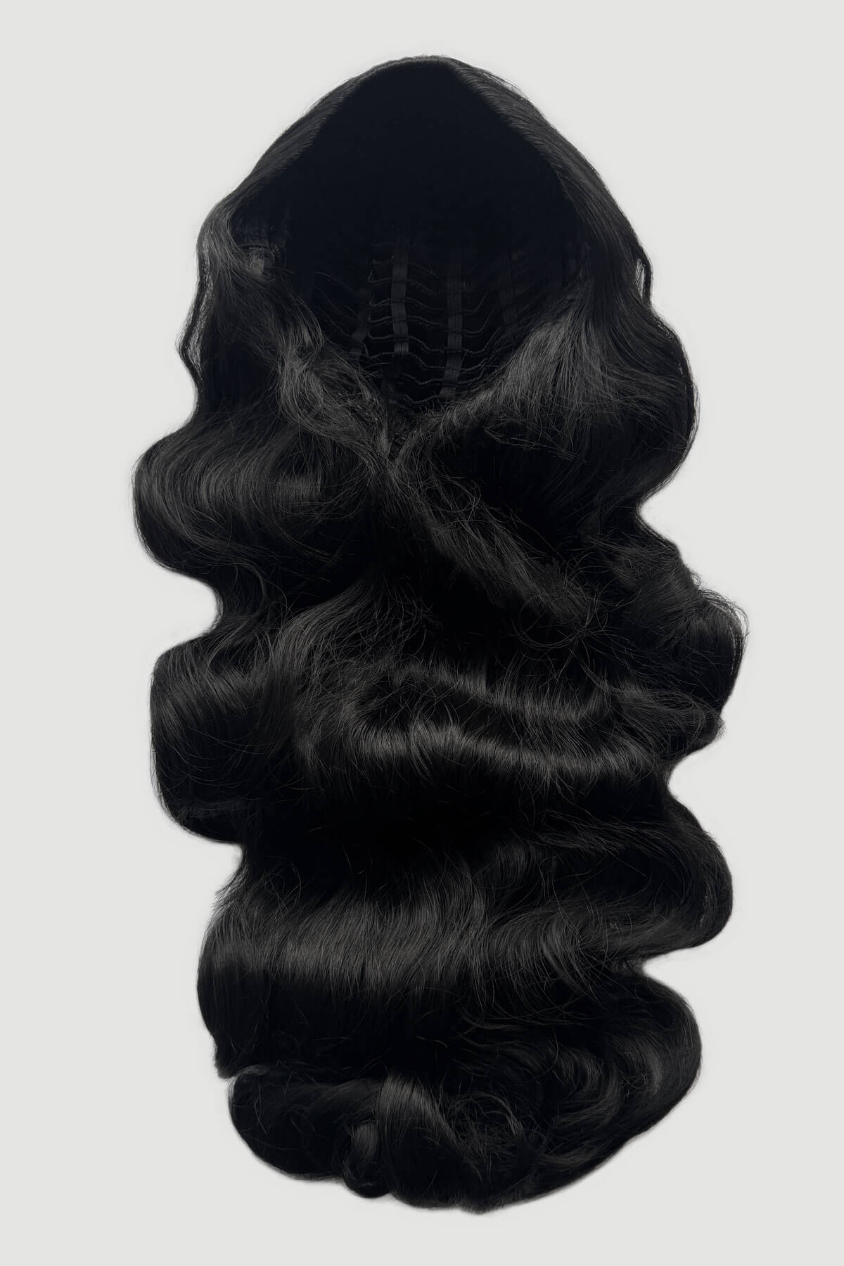 Mannequin with long wavy black half wig. Ultra long half wig with hollywood waves. black 1B