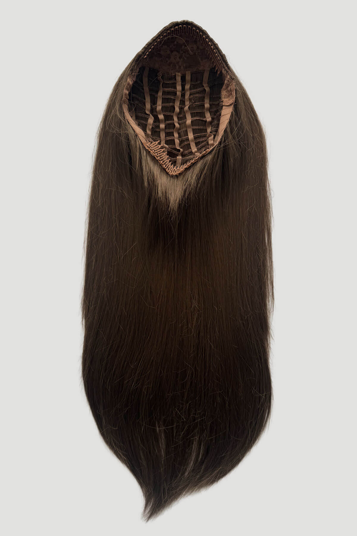 Brown hair extension on a white background. Straight brown half wig hairpiece extension, long: Faye Mocha brown 10
