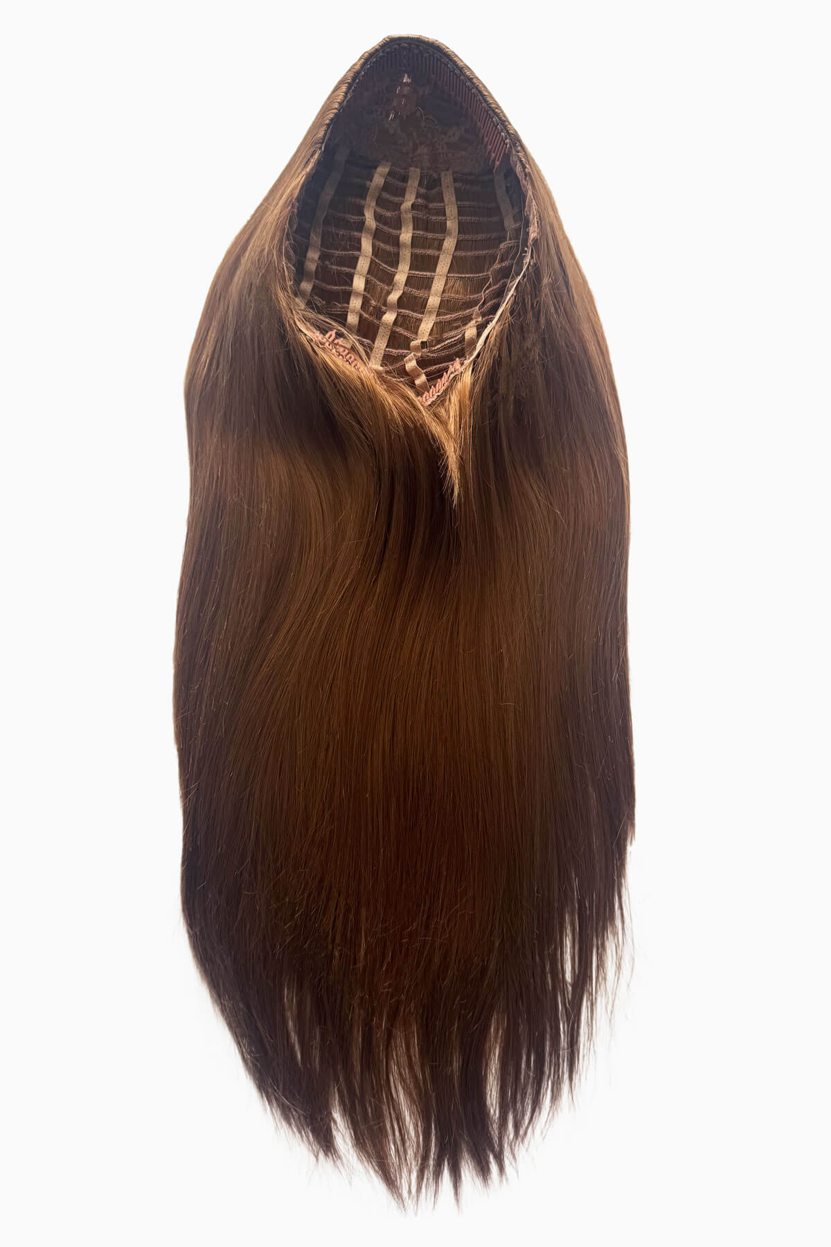 Brown hair extension on a white background. Straight brown half wig hairpiece extension, long: Faye Auburn brown 30