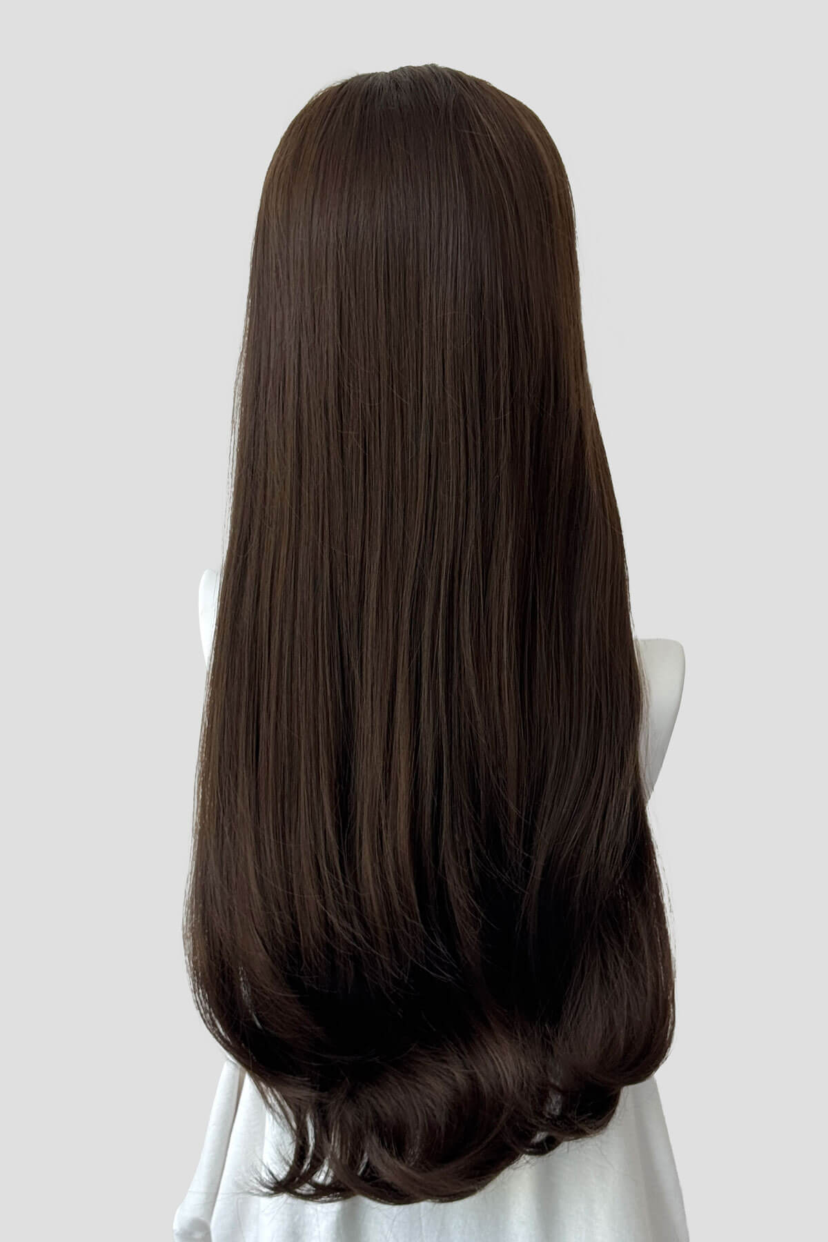 Long brown wig on a mannequin head against a white background. Kate - Heat Styleable Extra Long, Gentle Wave Half Wig Chestnut brown 8