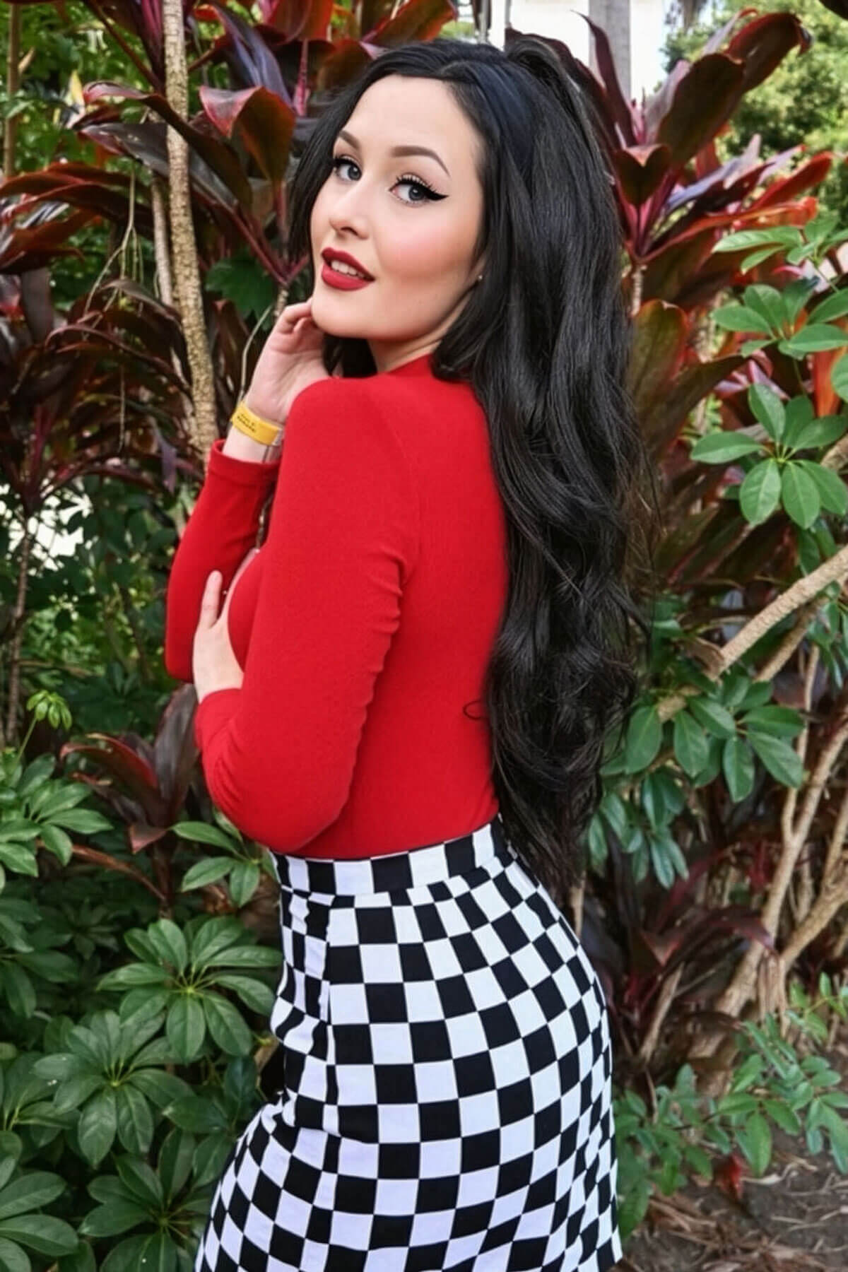 Woman in a red top and black and white checkered skirt standing among tropical plants. Brown half wig hairpiece, full, long with gentle waves: Taya dark brown 4