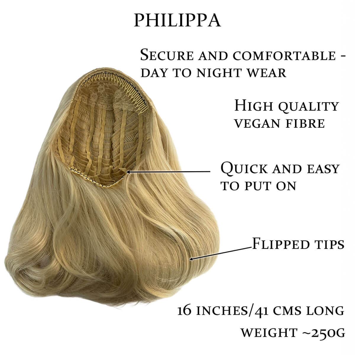 Blonde hair extension with features labeled on a white background. 1960s half wig hairpiece, flicked, hair flip: Philippa blonde 613