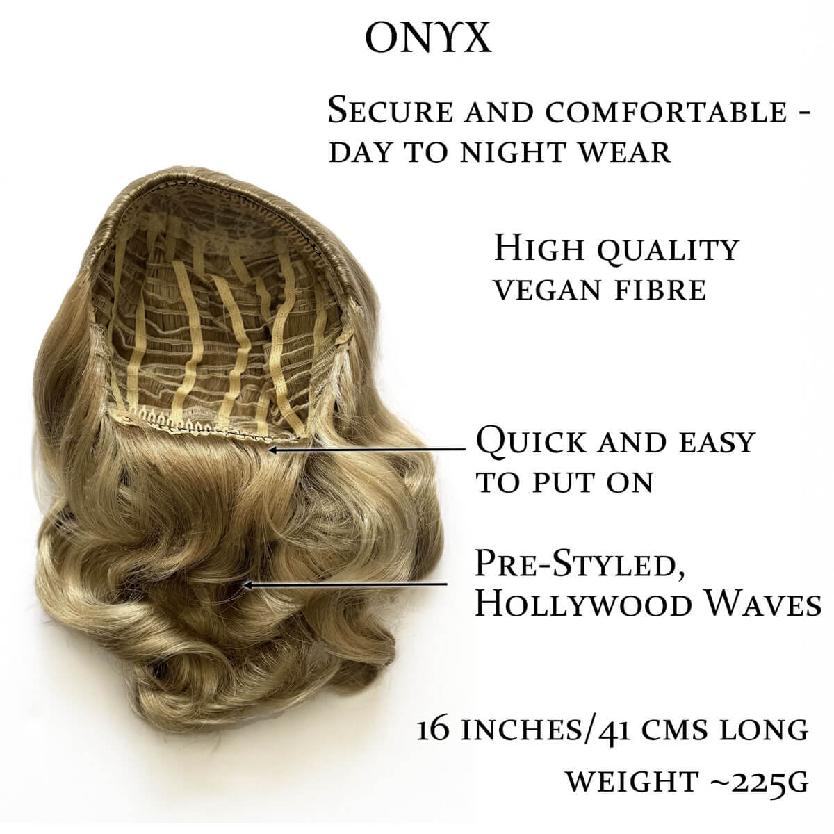 Blonde wig with text highlighting features on a white background.  1950s style shoulder length half wig hairpiece with beautiful vintage waves: Onyx blonde 24H613
