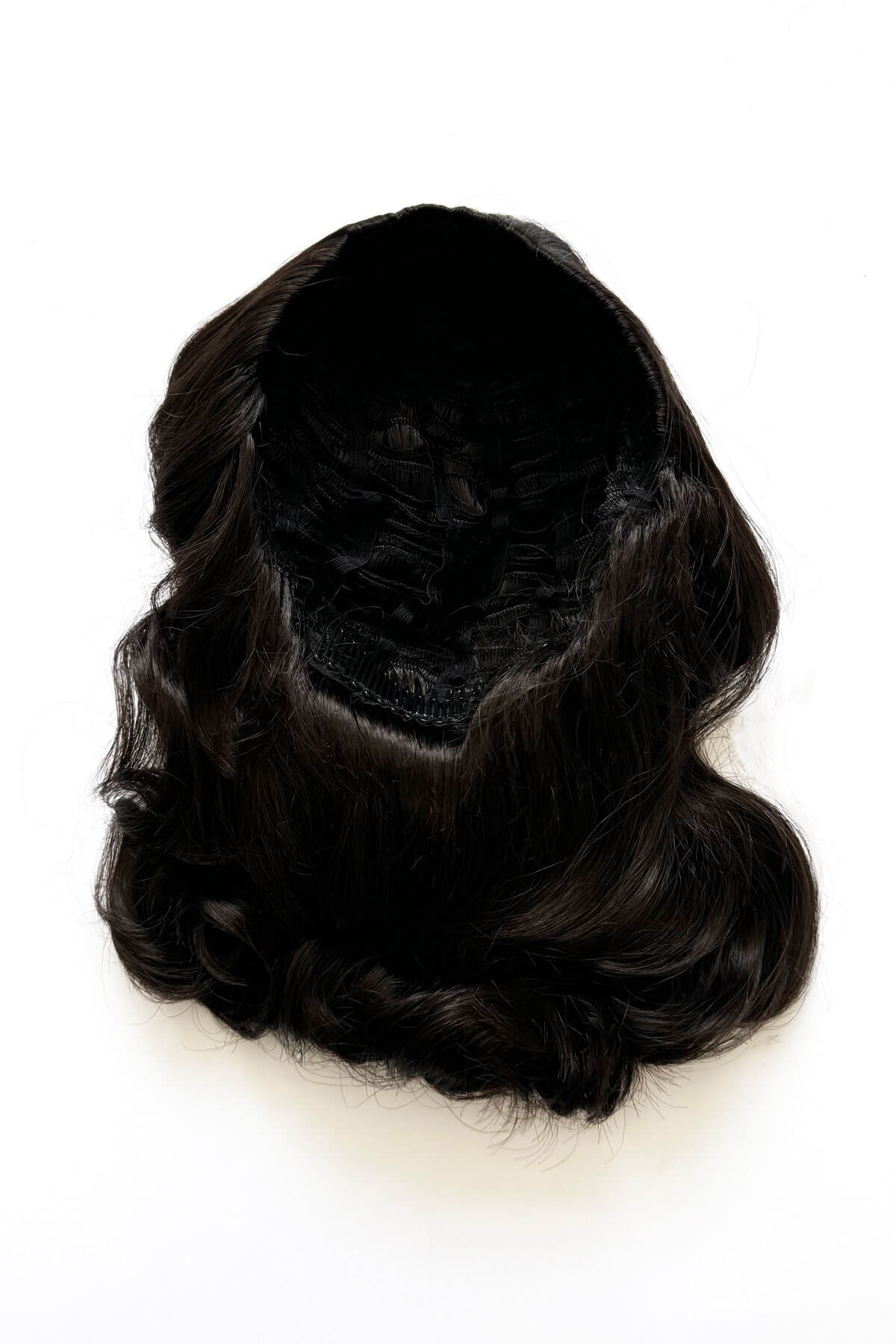 Dark brown wig on a white background. 1950s style shoulder length half wig hairpiece with beautiful vintage waves: Onyx dark brown 4