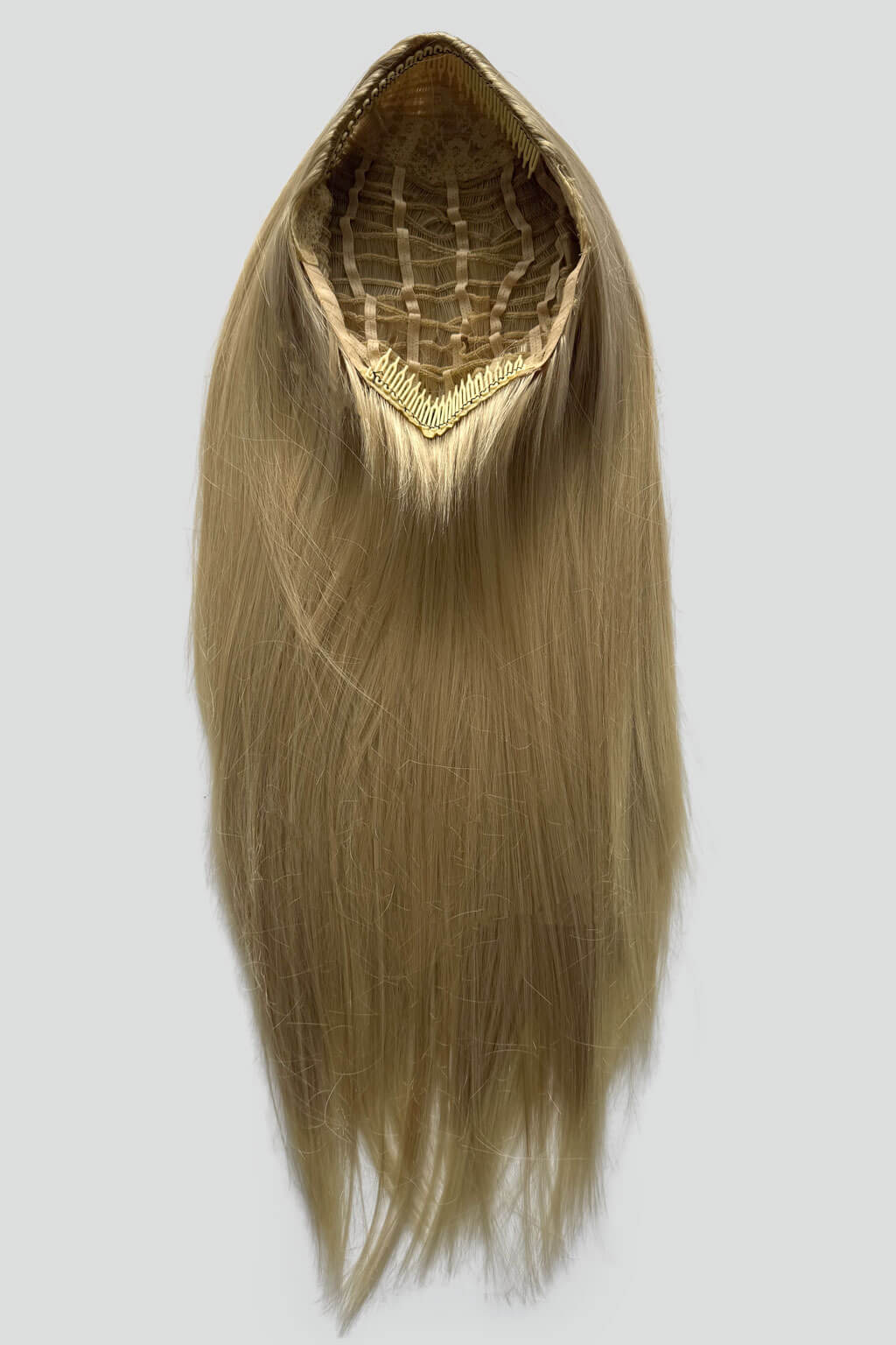 Blonde hair extension on a white background. 1960s style hair, high crown long straight half wig: Andrea blonde 613T24