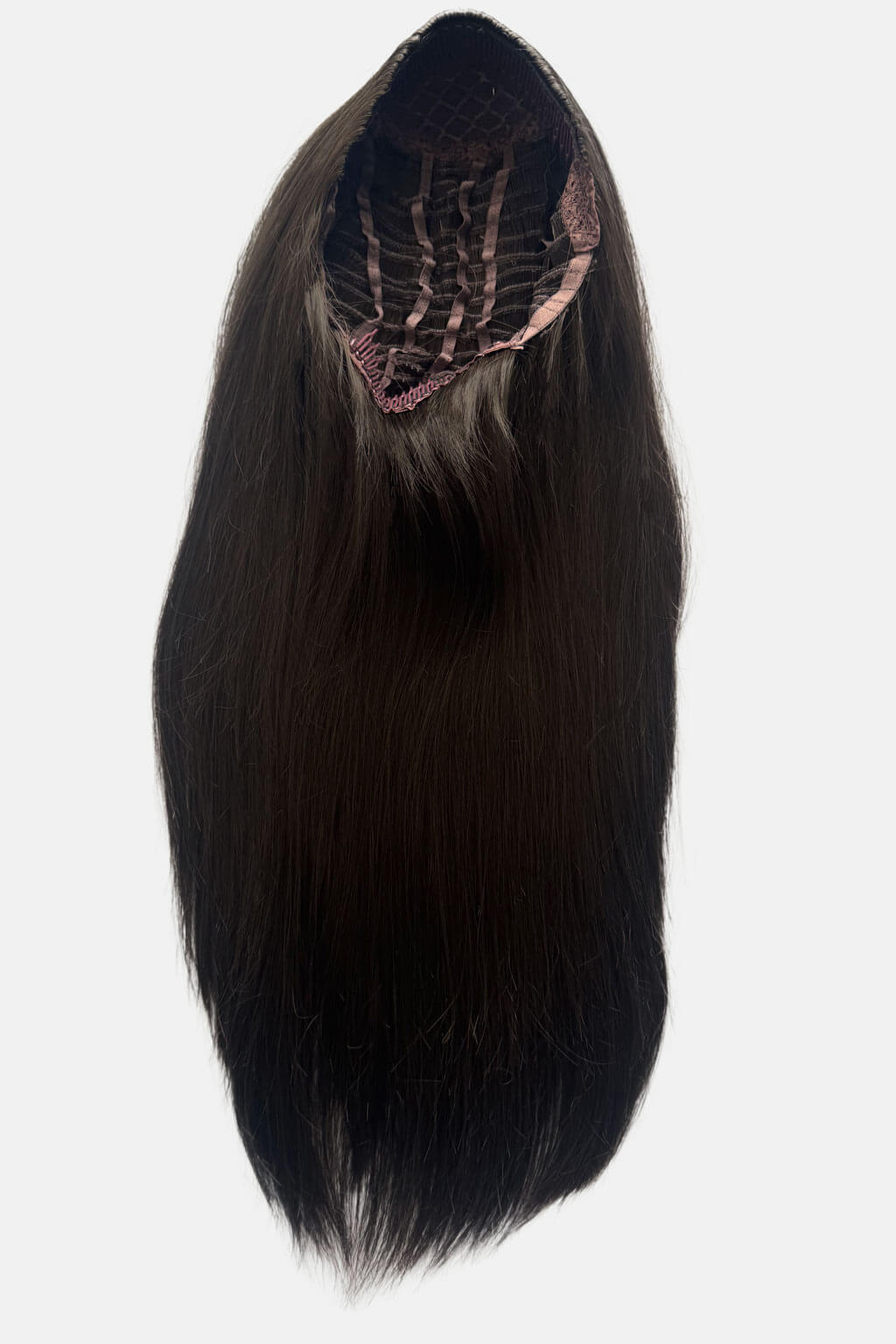 Chestnut brown hair extension on a white background. 1960s style hair, high crown long straight half wig: Andrea chestnut brown 8