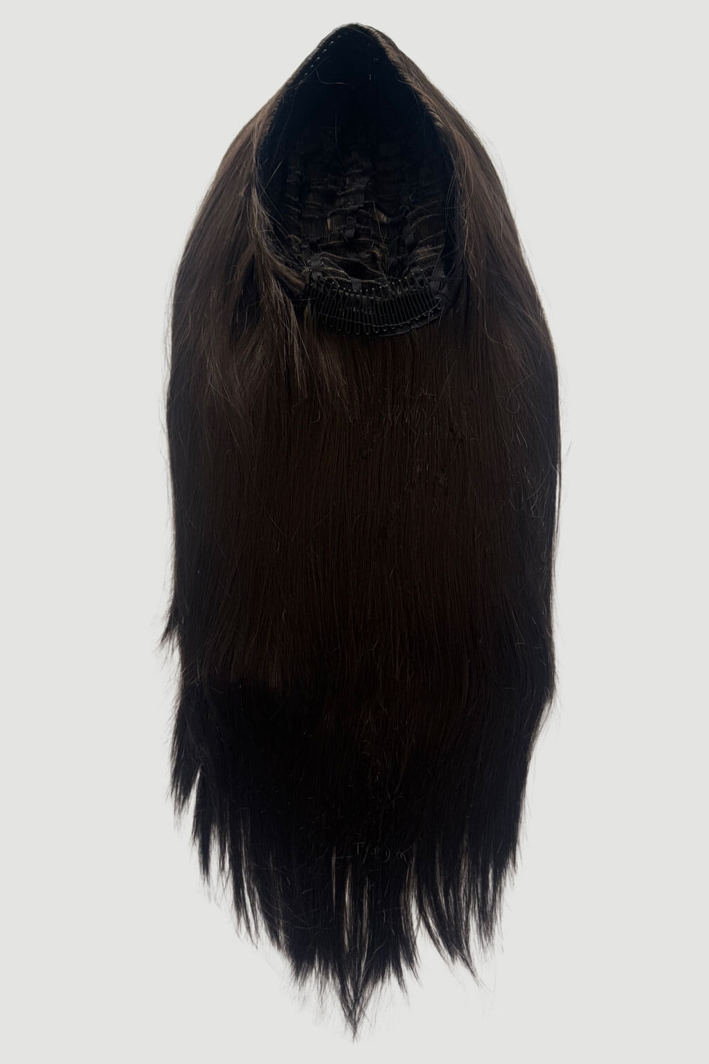 Dark chocolate brown hairpiece on a white background. 1960s style hair, high crown long straight half wig: Andrea dark chocolate brown 6