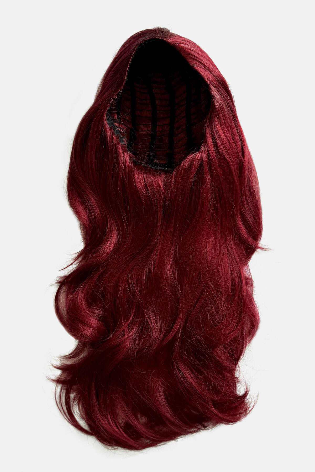 Red wig on a white background. Red half wig hairpiece (3/4 wig), gentle curls: Ivy wine red 39