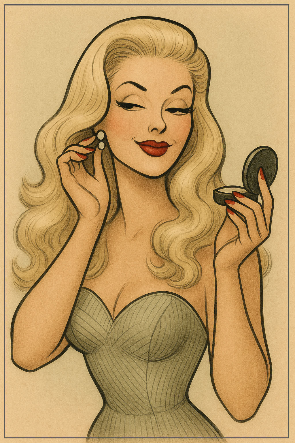 Illustration of a woman applying makeup with a compact mirror on a beige background.Suki half-wig illustration