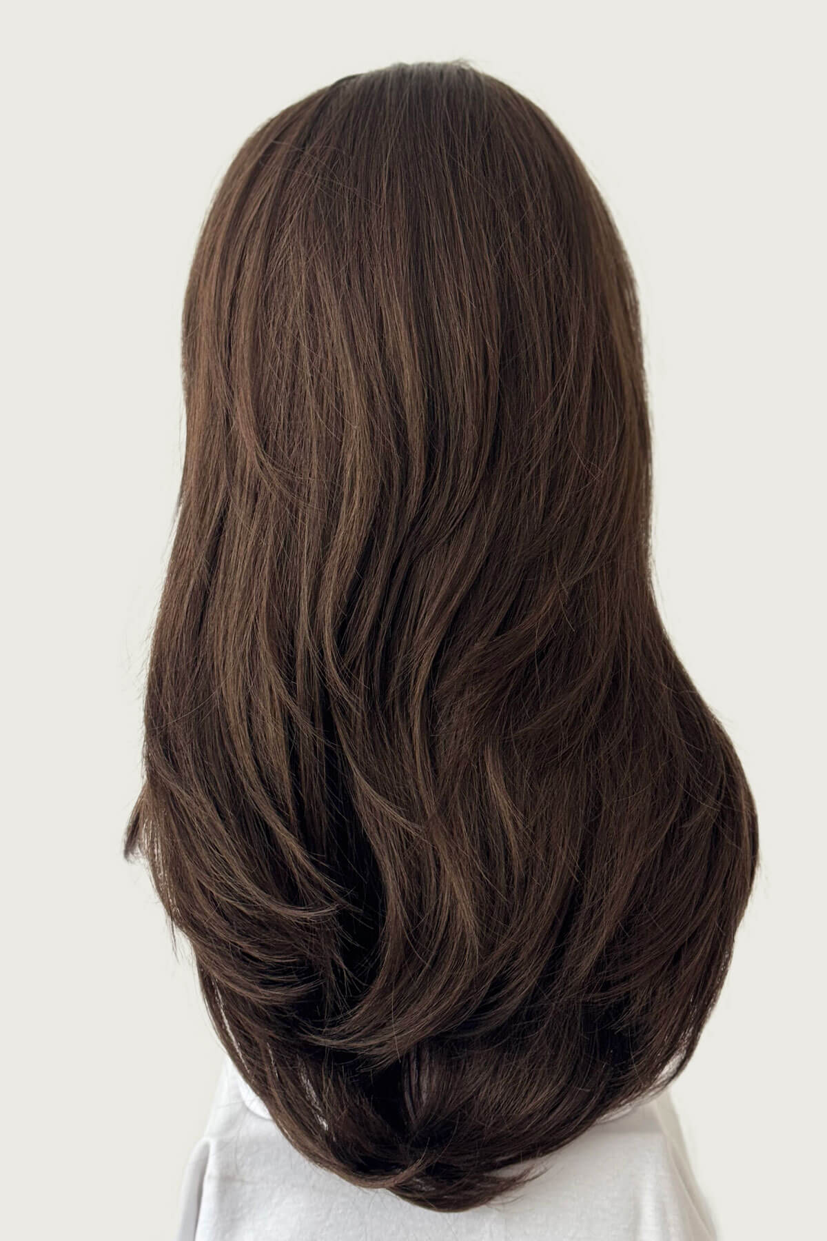Long, dark brown hair on a plain background. Brown half wig hairpiece (3/4 wig), gently layered: Briar chestnut brown 8