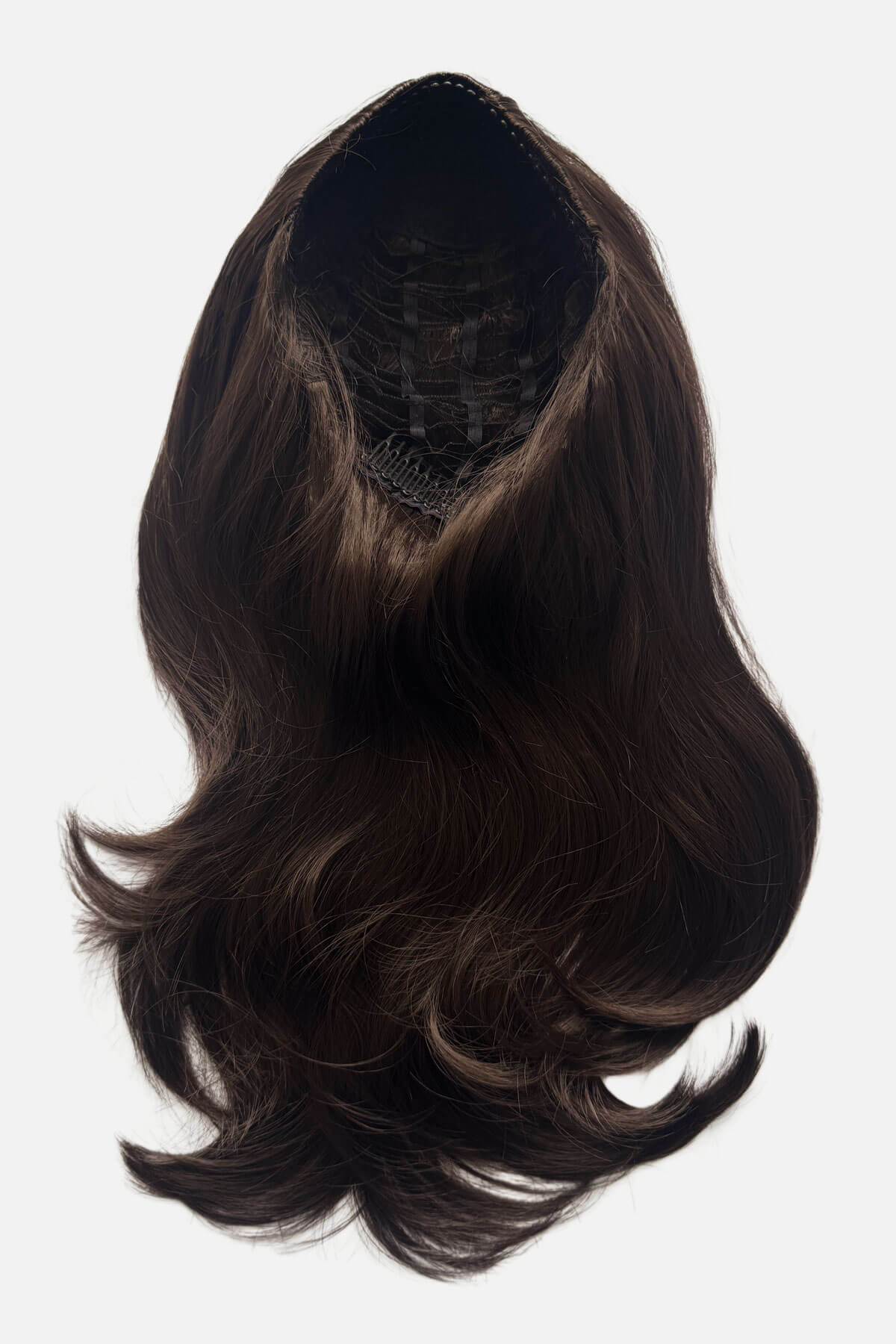 Dark brown hair extension on a white background. Brown half wig hairpiece, layered and straight: Summer dark chocolate brown 6