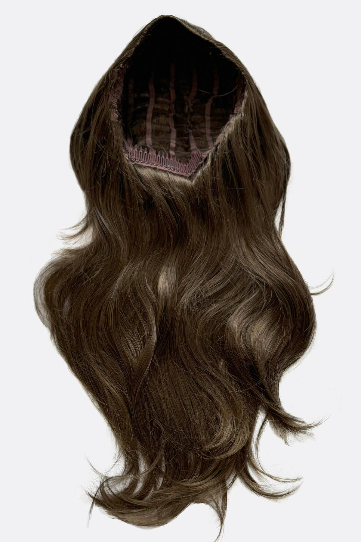 Brown hair extension on a white background. Two-tone brown half wig hair piece, loose curls: Laila