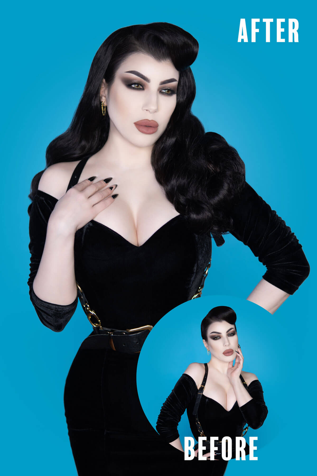Before and after comparison of a woman with beautiful hair in a black outfit against a blue background. 1950s style half wig hairpiece with beautiful waves: Morgana chestnut brown 8