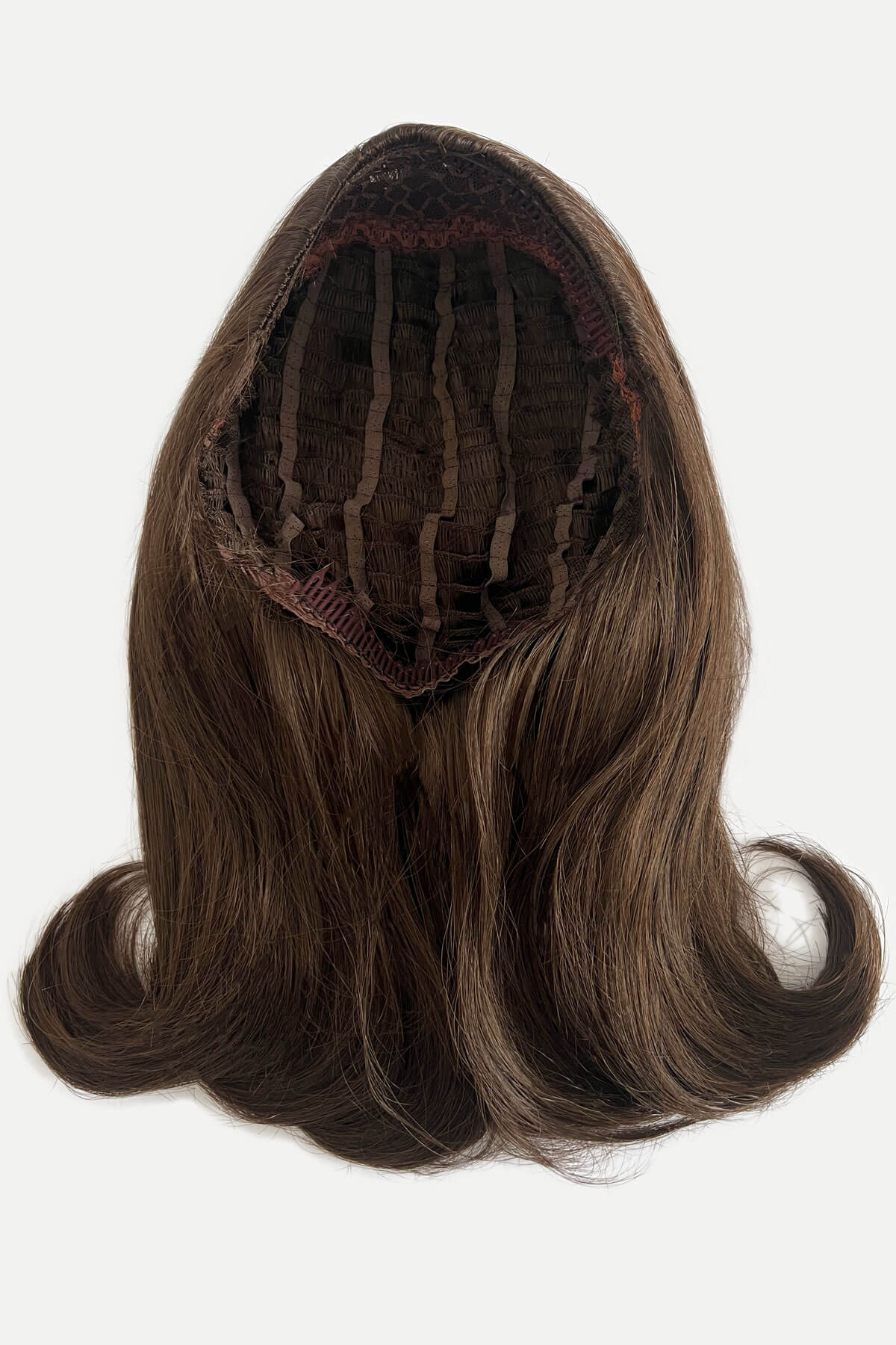 Brown hairpiece on a white background. 1960s half wig hairpiece, flicked, hair flip: Philippa chestnut brown 8