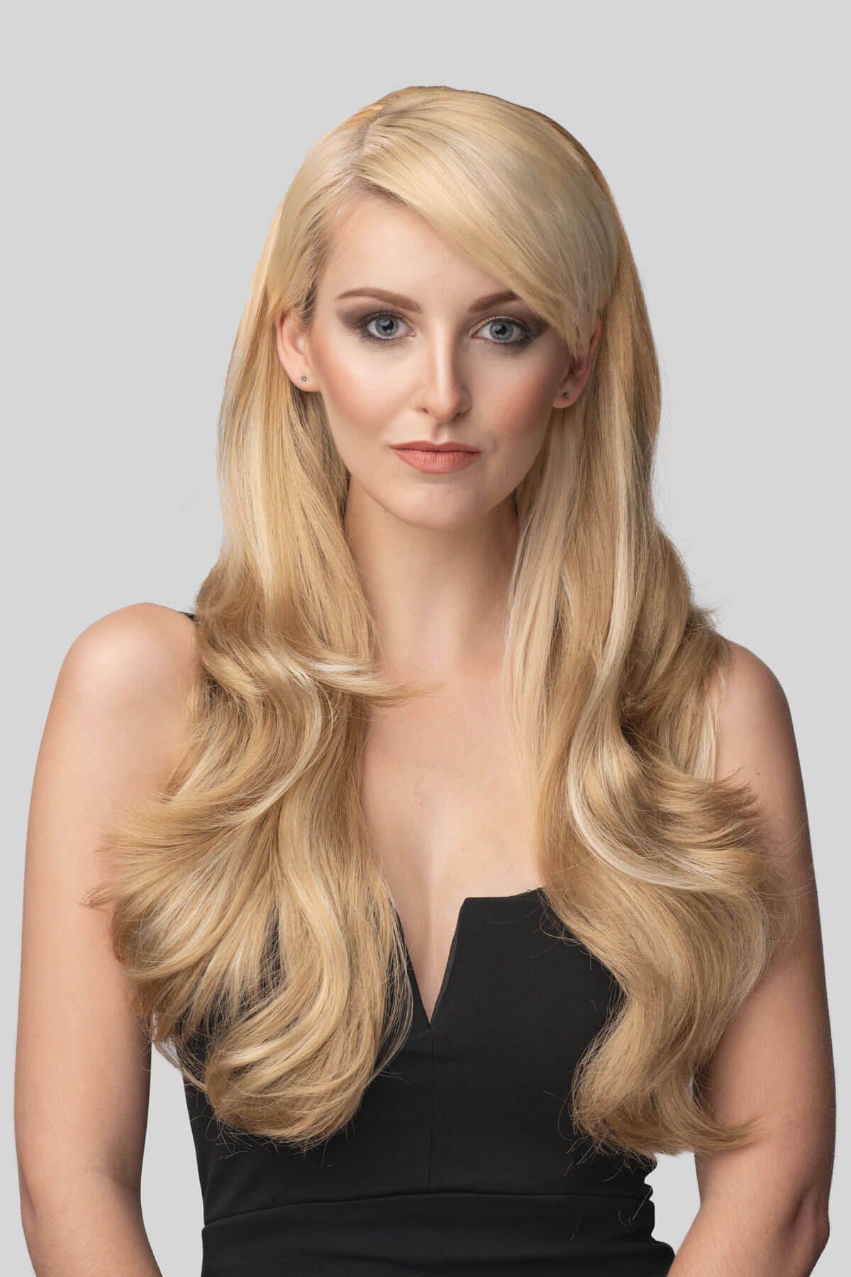 Long blonde half wig hairpiece (3/4 wig) loose curls: Frankii blonde 24H613