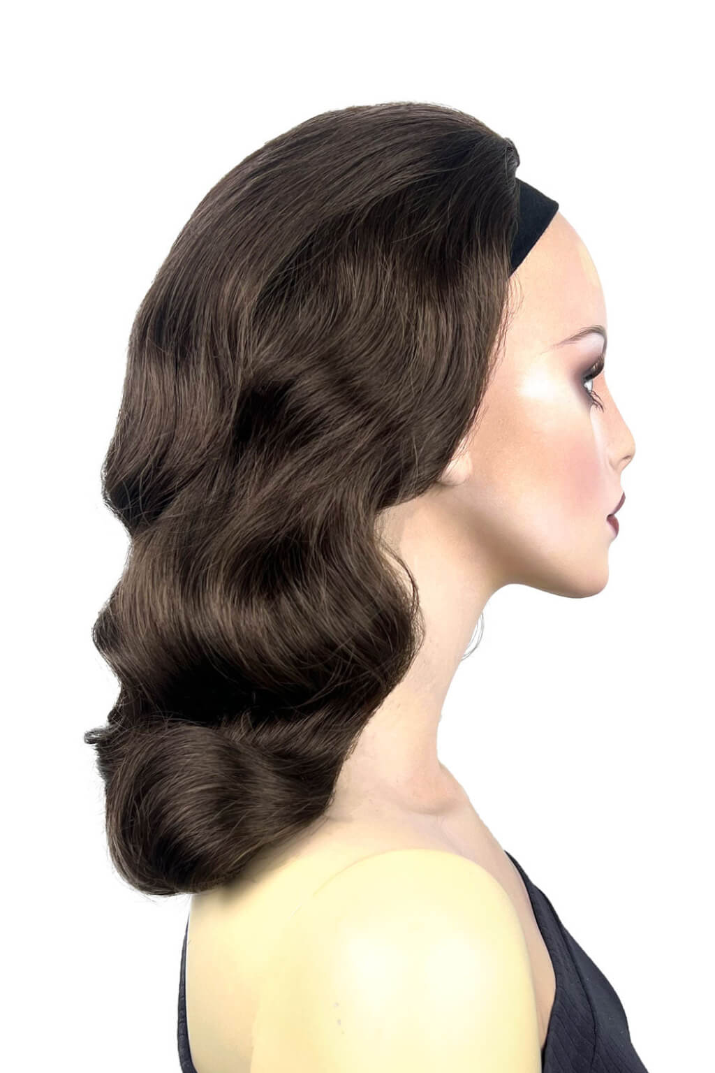 Woman with styled hair on a white background. 1950s style half wig hairpiece with deep finger waves: Deborah brown 8