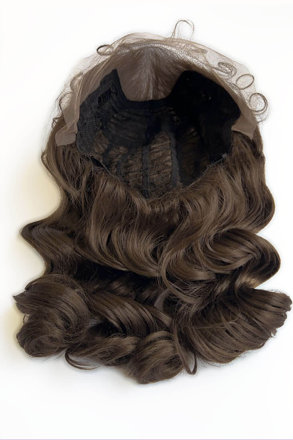 Brown wavy hair extension with lace front on a white background. Brown pinup wig, lace front with finger waves: Nikita