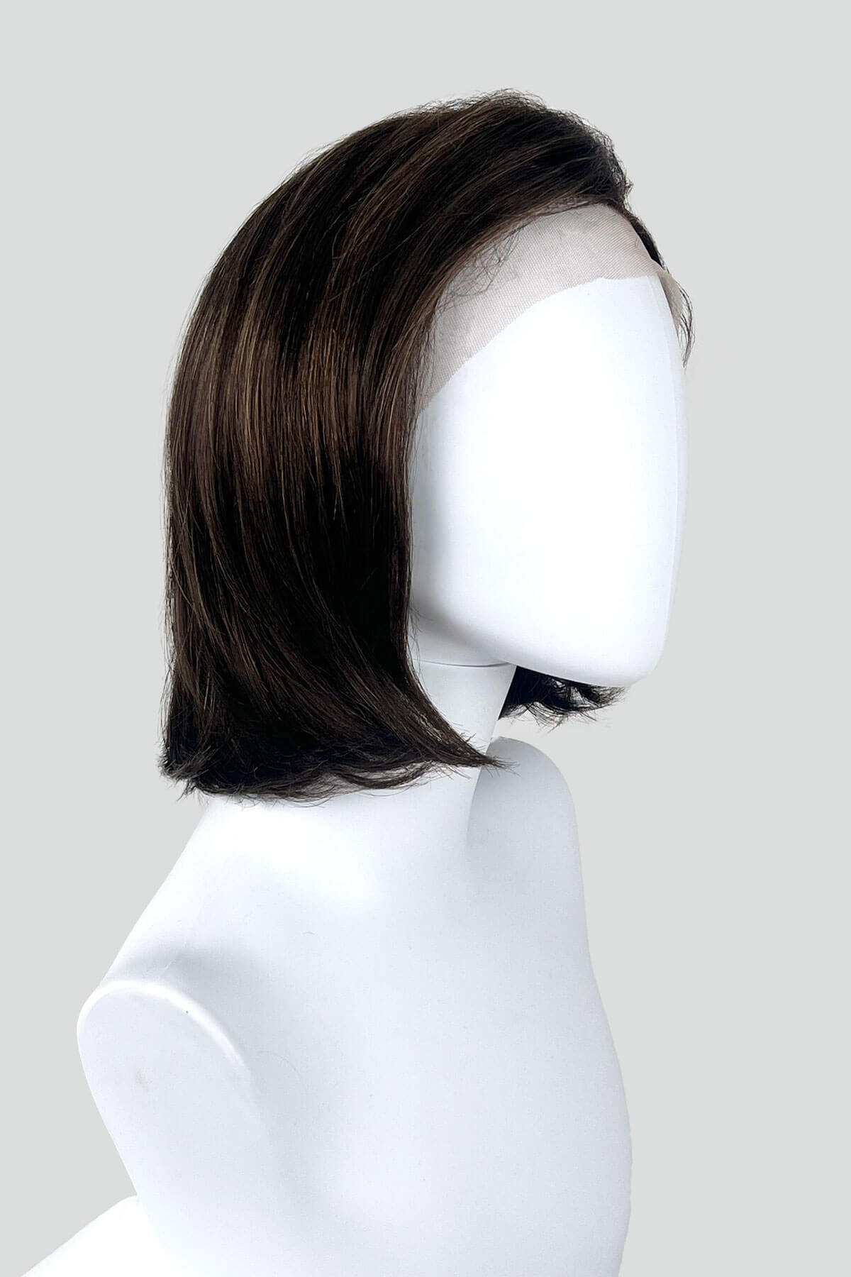 A brown Italian bob lace front wig with blonde highlights on a mannequin head, viewed from the side against a white background. displayed on a mannequin head: Lucia 8H27