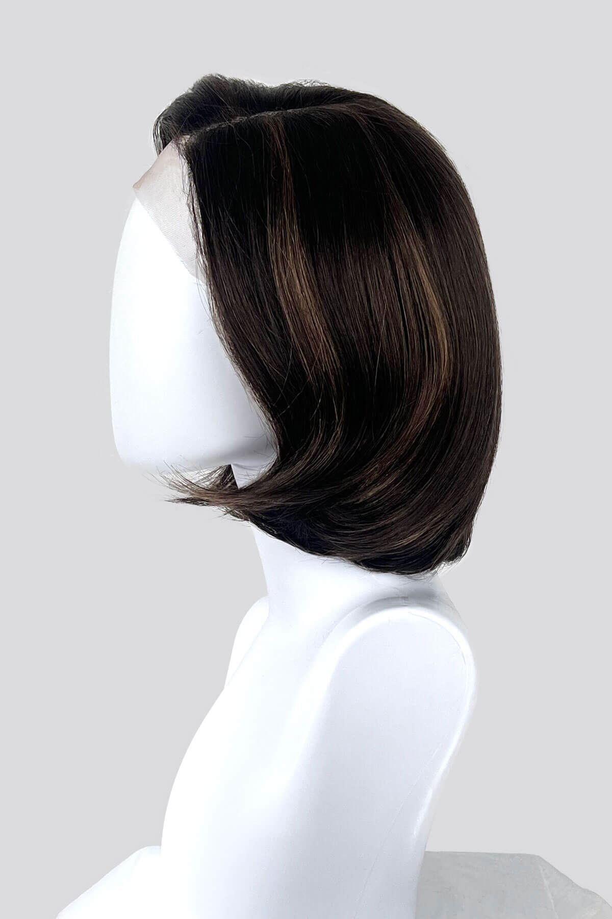 A brown Italian bob lace front wig with blonde highlights on a mannequin head, viewed from the side against a white background. displayed on a mannequin head: Lucia 8H27