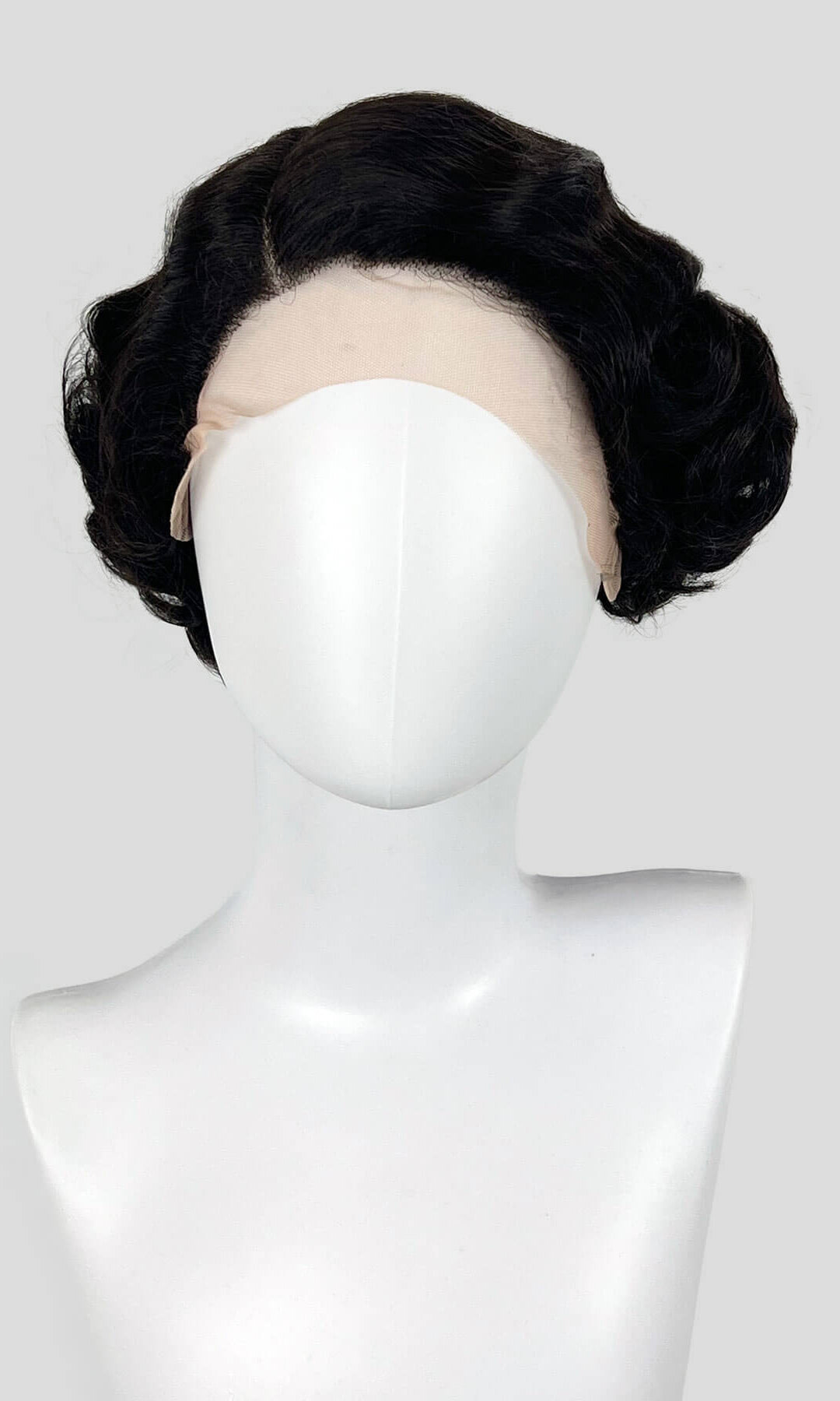 Dark brown wig on a mannequin head against a white background. Dark brown lacefront wig, pinup/vintage style, short with finger waves: Dixie