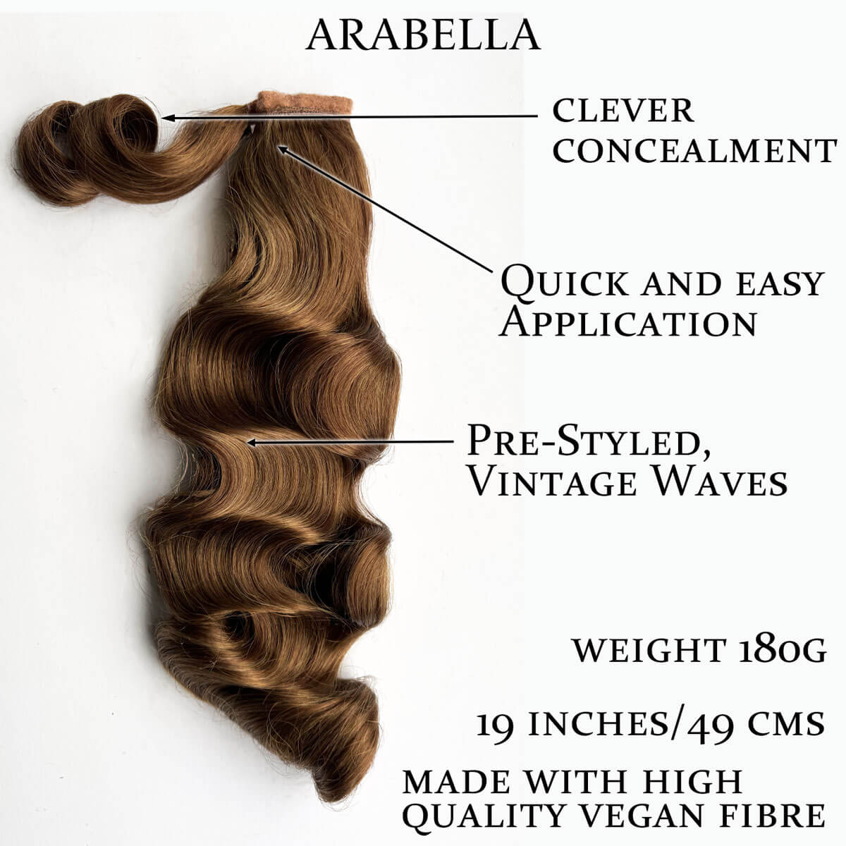 Hair extension with features labeled on a white background. Retro style ponytail hairpiece, long with vintage waves: Arabella Brown 27C29