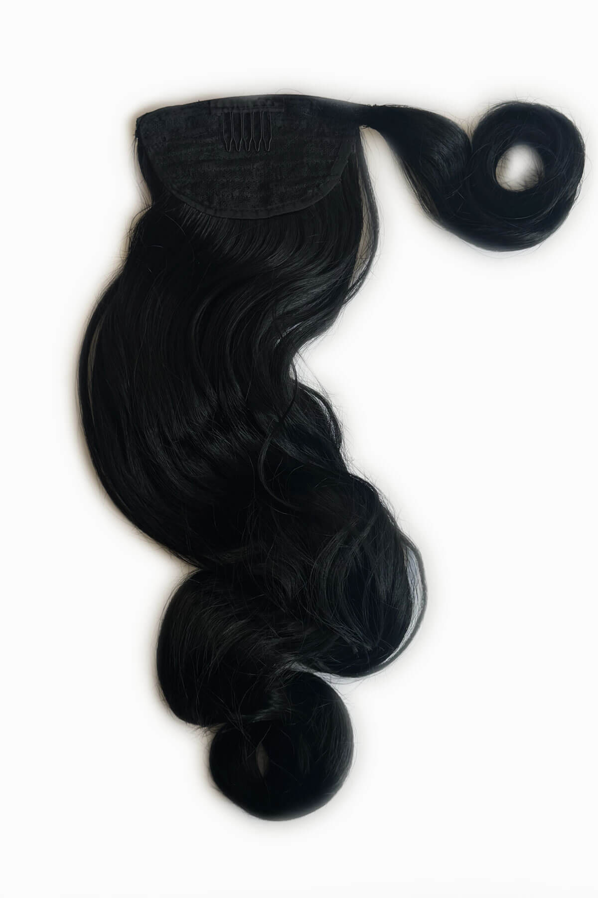 Black hair piece with a white background. Long ponytail with vintage waves: Kitrysha jet black 1