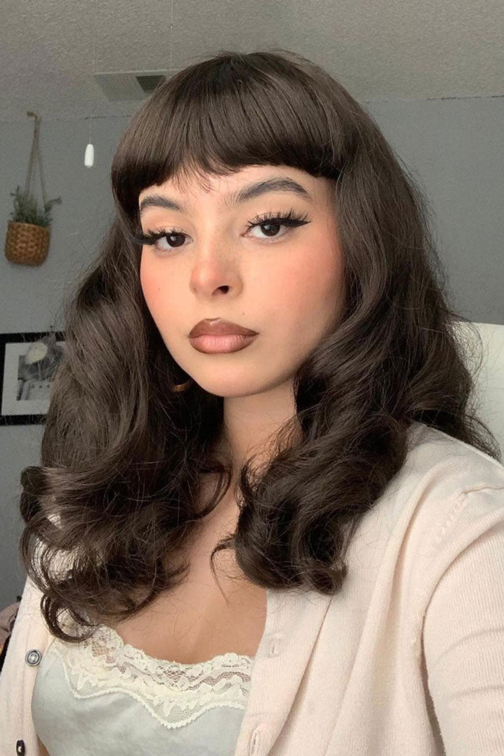 Dark brown pinup style wig, finger waved with short fringe, 1950s style: Becca