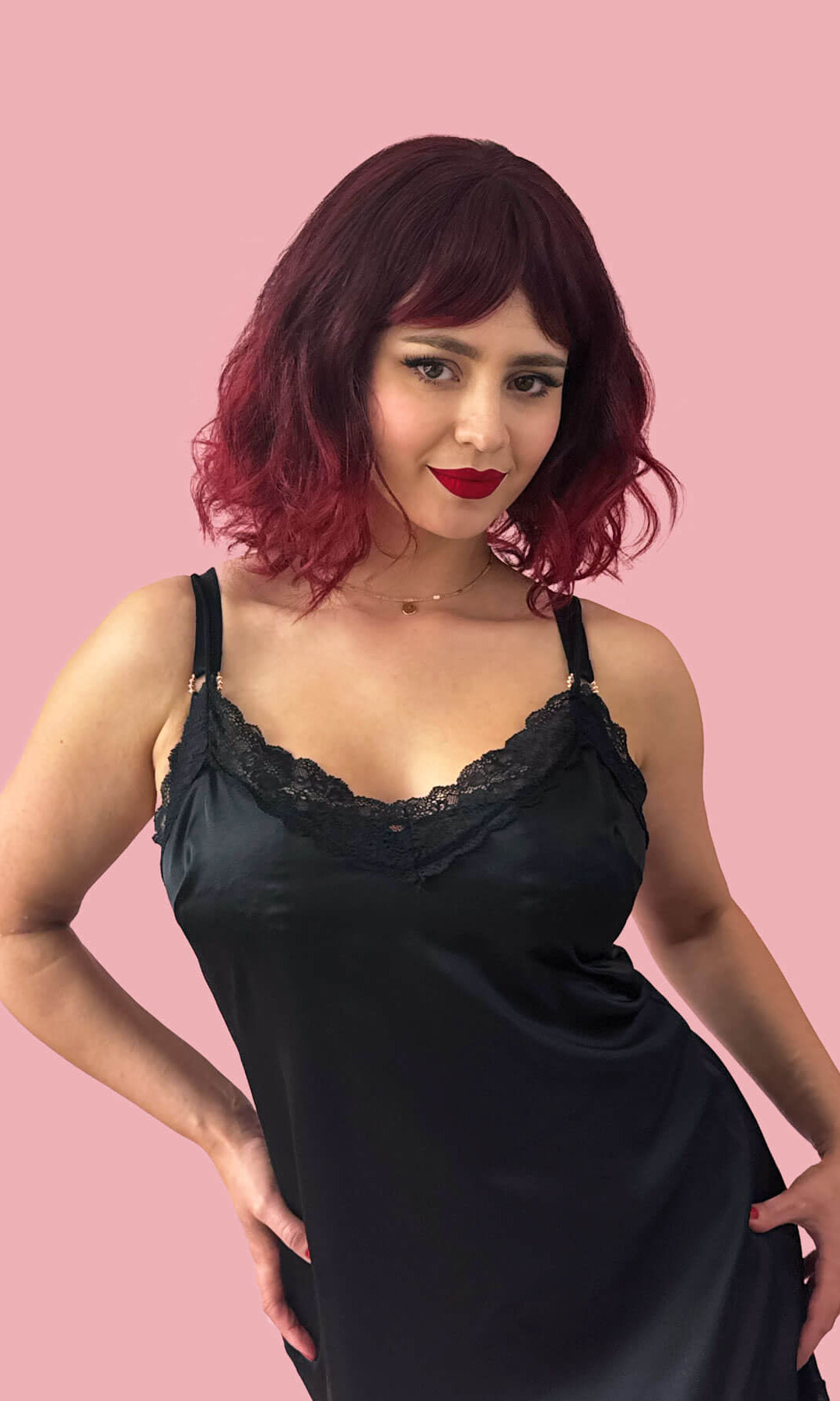 Red and black long wavy bob (lob) wig with swept fringe: Blaze 1BT39