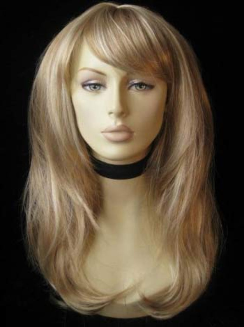 Long blonde wig, face framing with long, side-sweeping fringe: Ashley