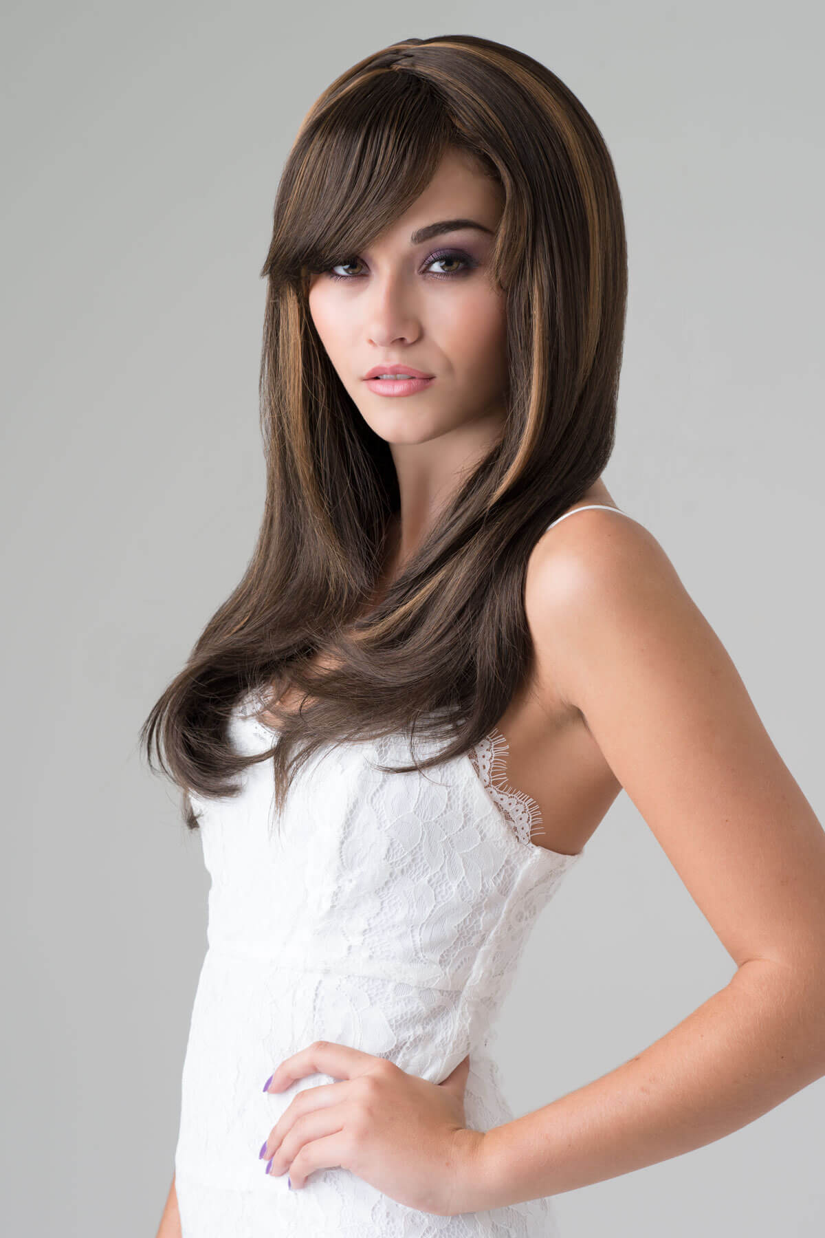 Chocolate brown wig, razor cut face frame style: Catherine