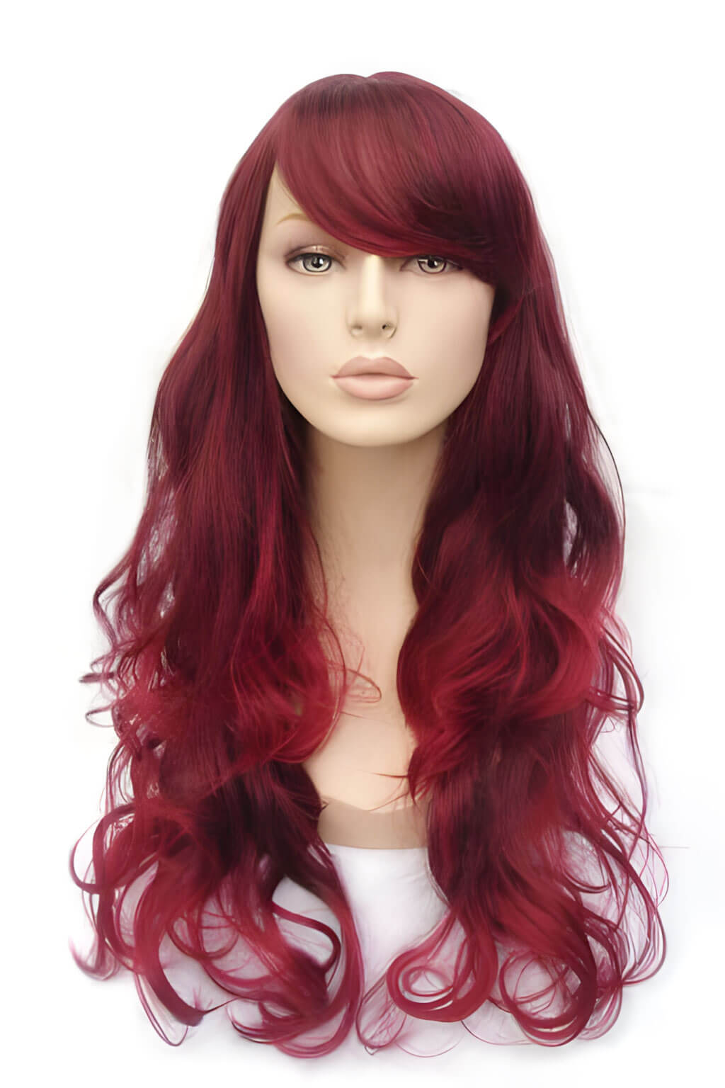Red wig on a mannequin head against a white background. Long red wavy wig with black lowlights: Anji
