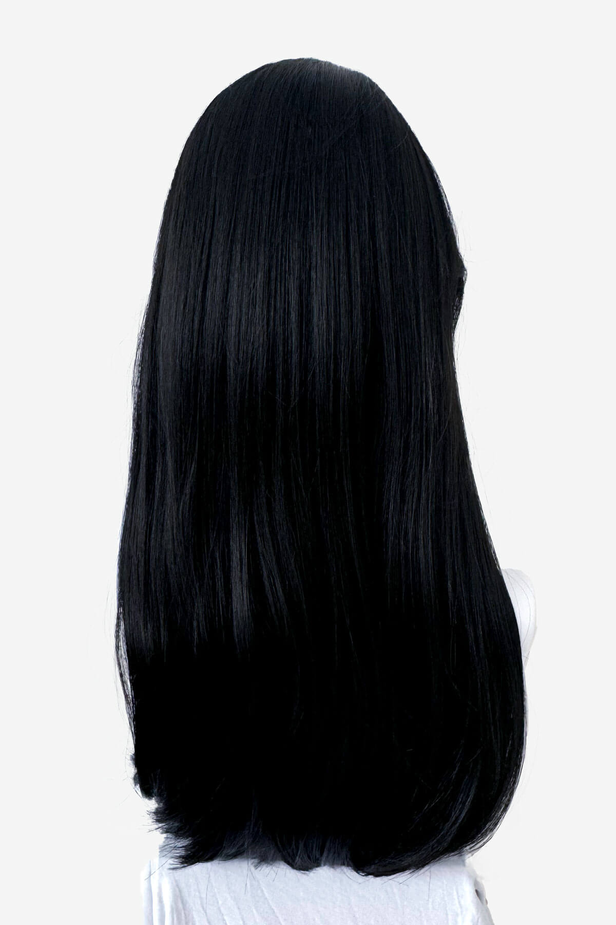 Long black hair on a white background. Long straight black wig with straight fringe: Carmen
