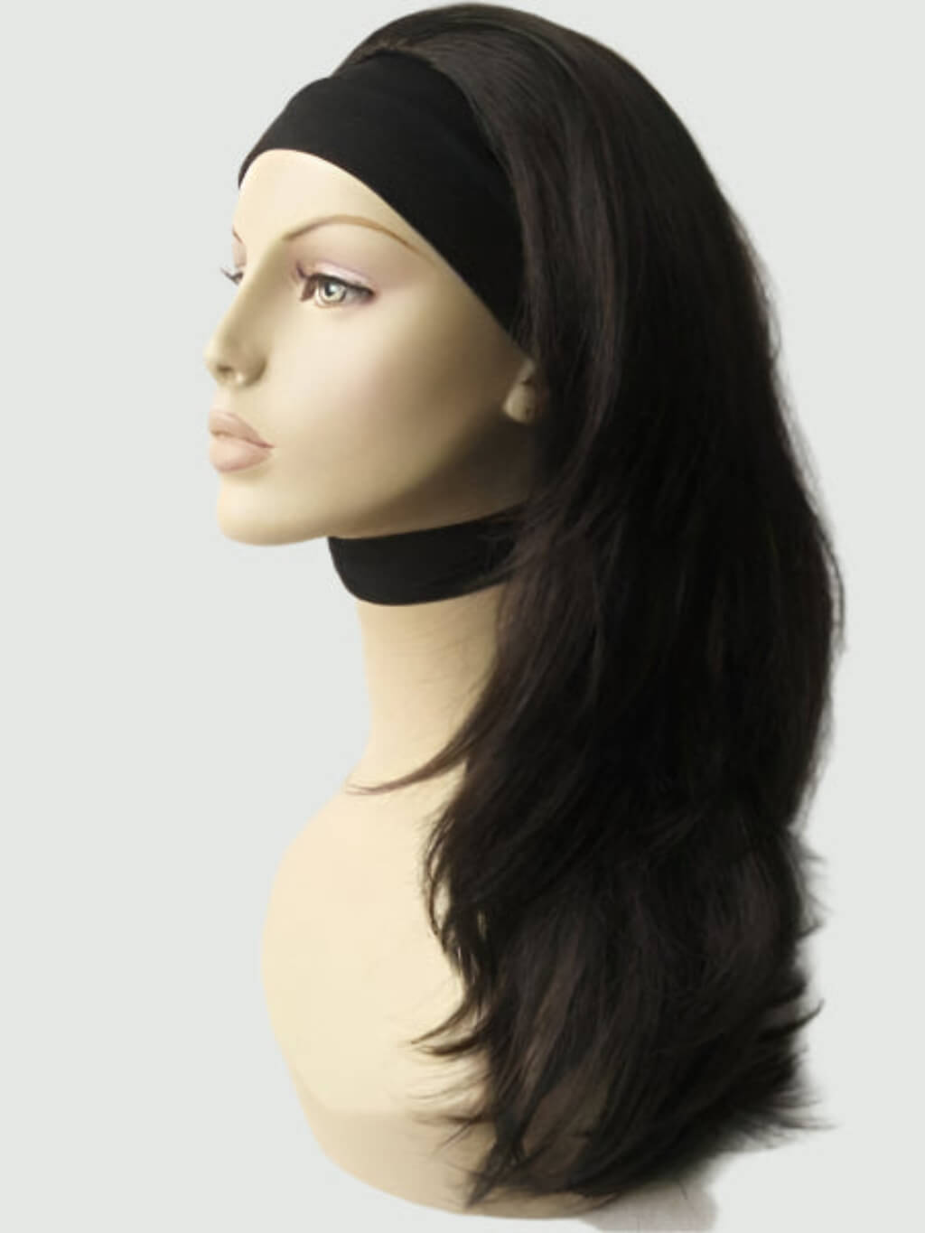 Black wig on a mannequin head against a white background. Brown half wig hairpiece (3/4 wig), gently layered: Briar dark brown 4