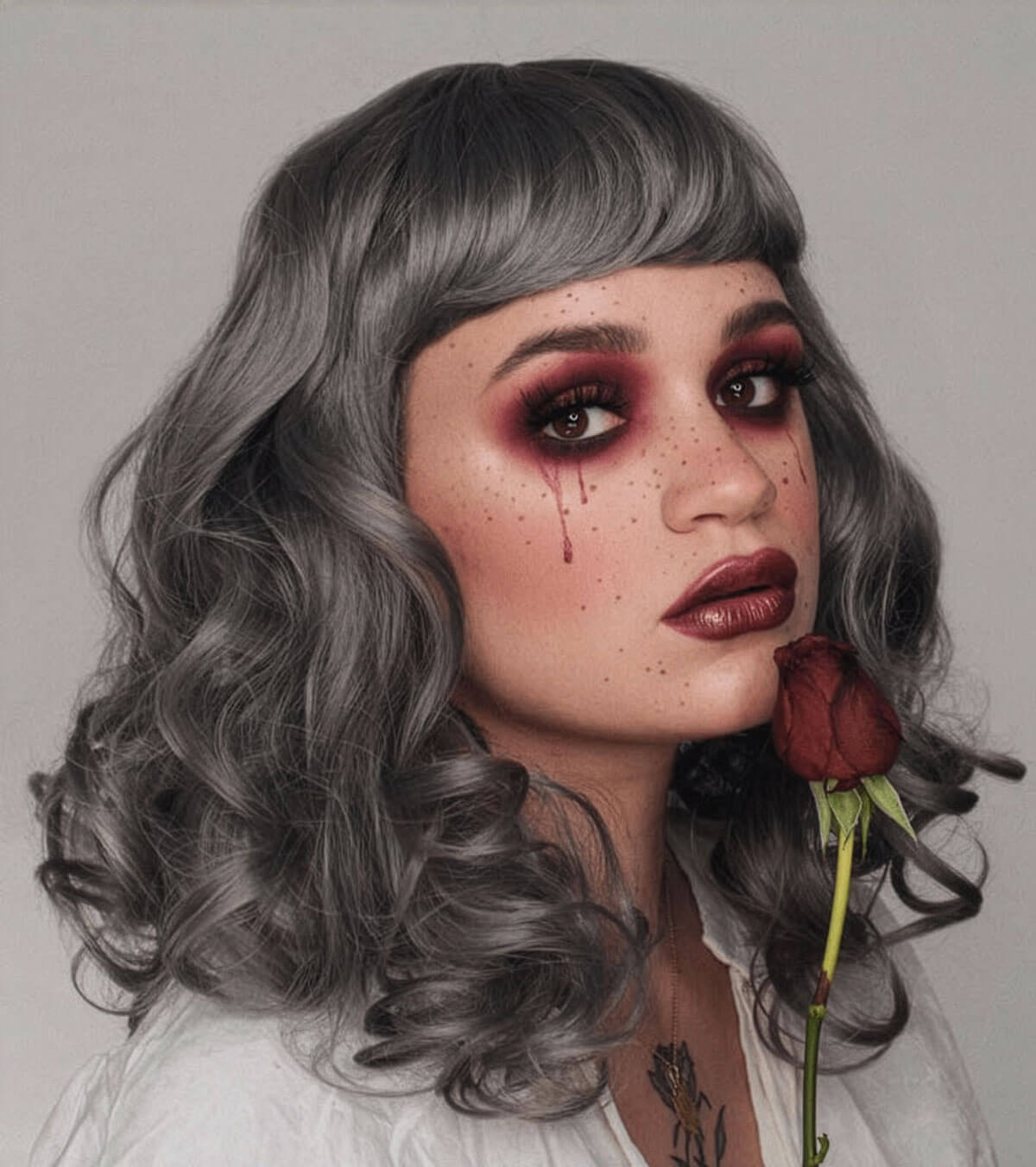 Silver-grey pinup style wig with long waves and short fringe, 1950s style: Dotty