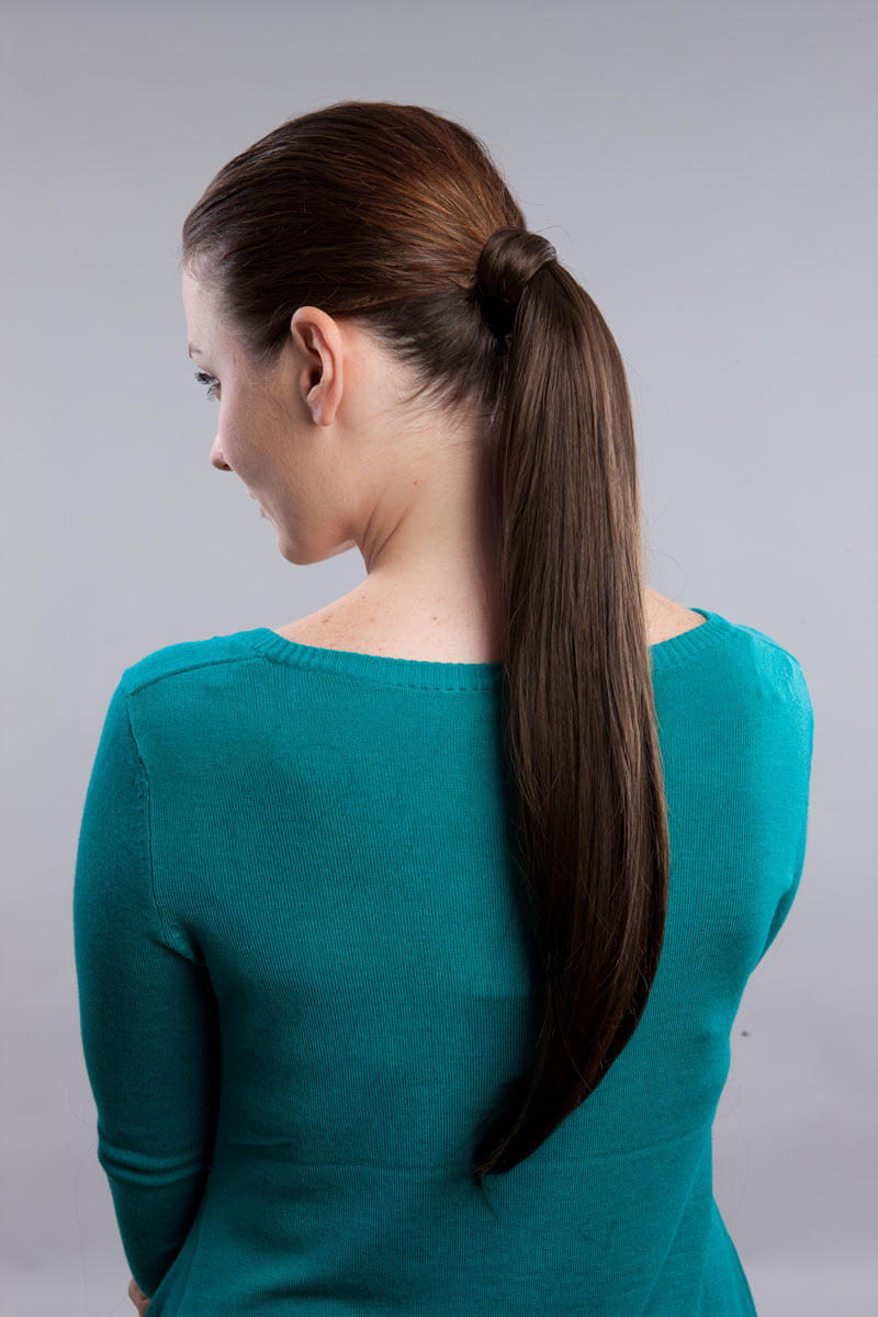 Long sleek ponytail extension with gentle, layered waves: Mali mocha brown 10
