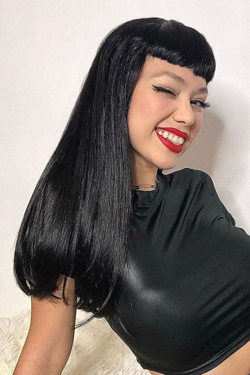 Long black wig with straight hair and a short, straight fringe: Maxine