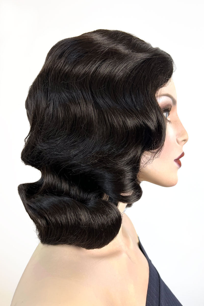 Brown 1940s pinup style wig, with finger waves: Honey dark brown 4